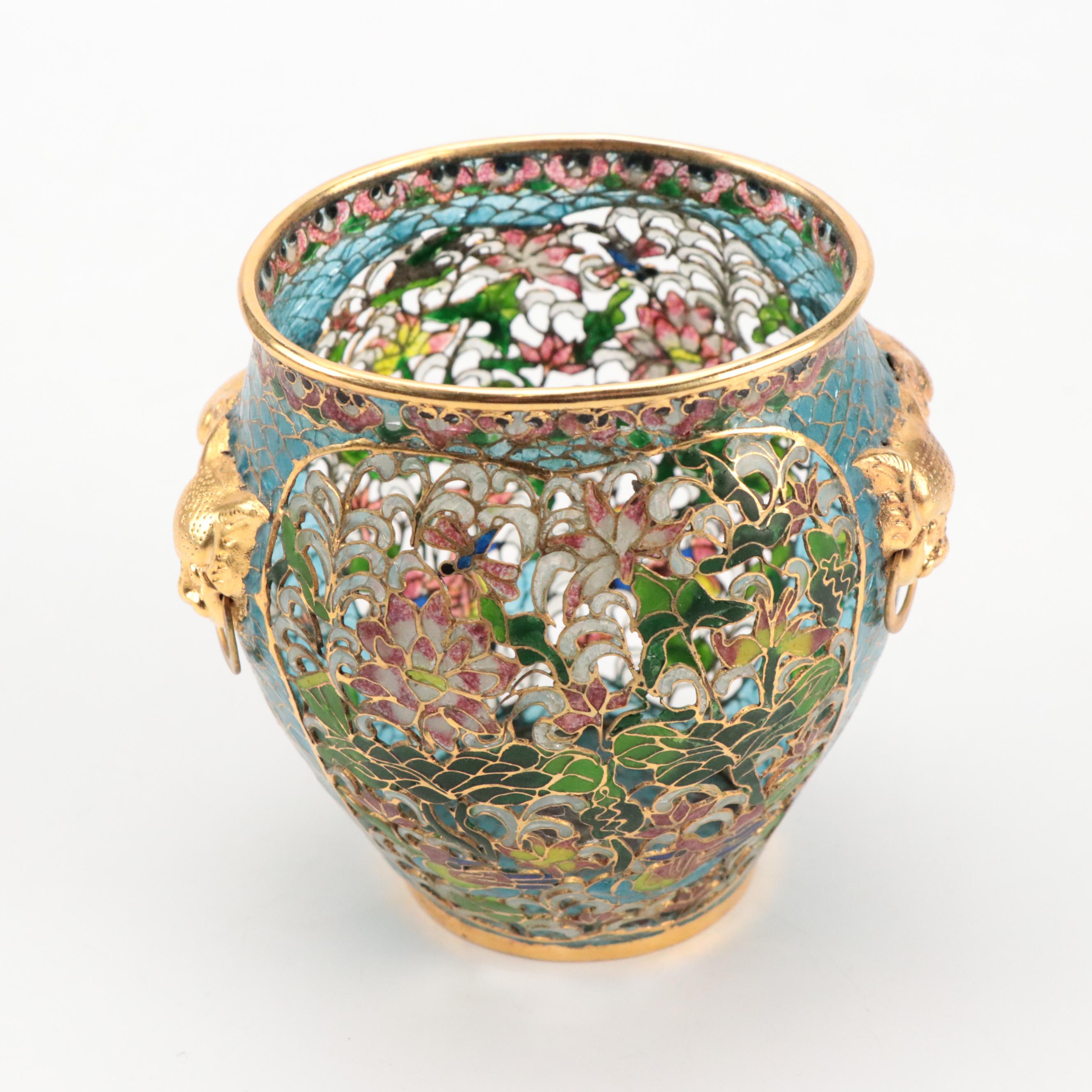 Chinese Plique-A-Jour Cut Out Enamel Bowls and Plate with Metal Bud Vase