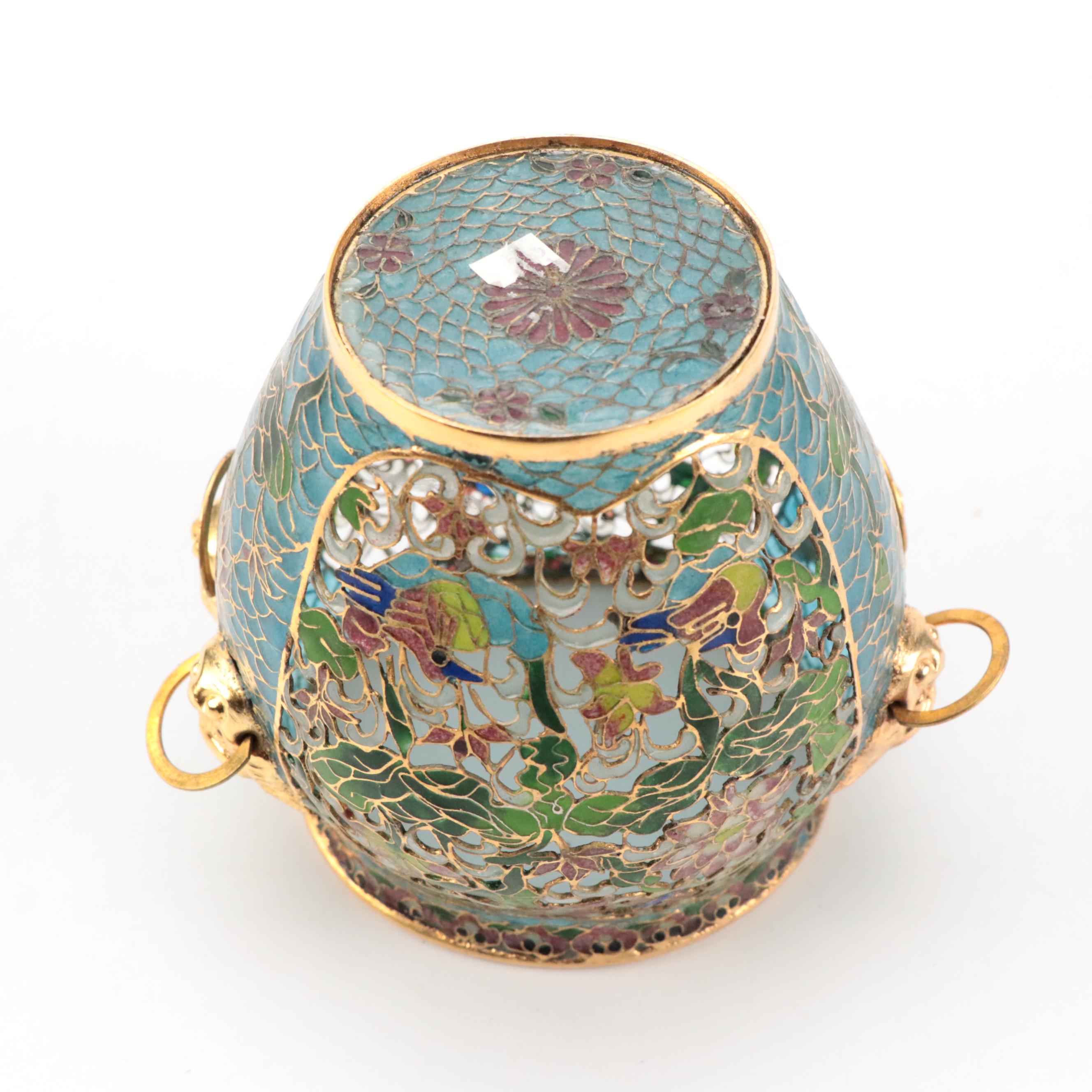 Chinese Plique-A-Jour Cut Out Enamel Bowls and Plate with Metal Bud Vase