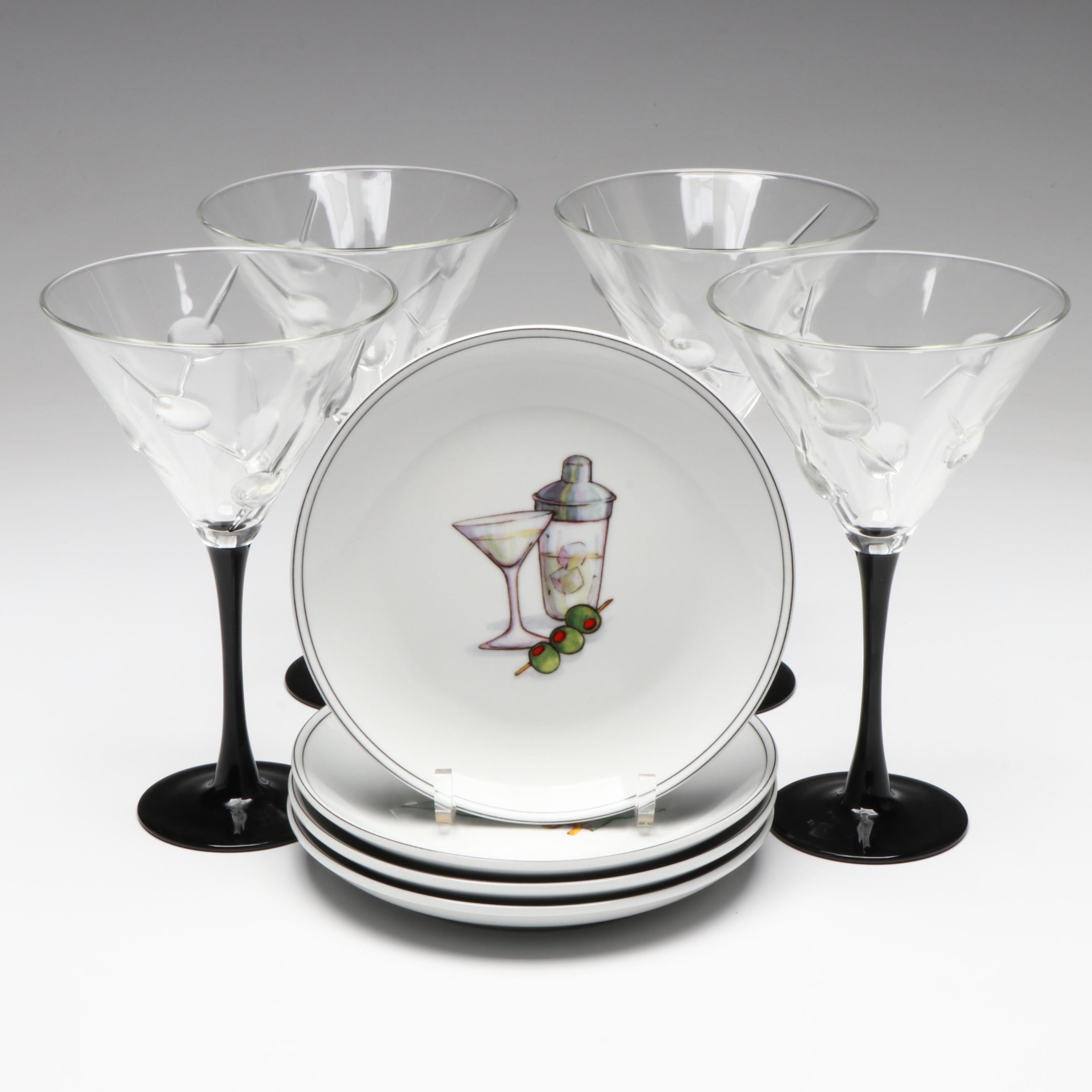 Boston Warehouse Trading Corp. Cocktail Plates and Black Stem Martini Glasses