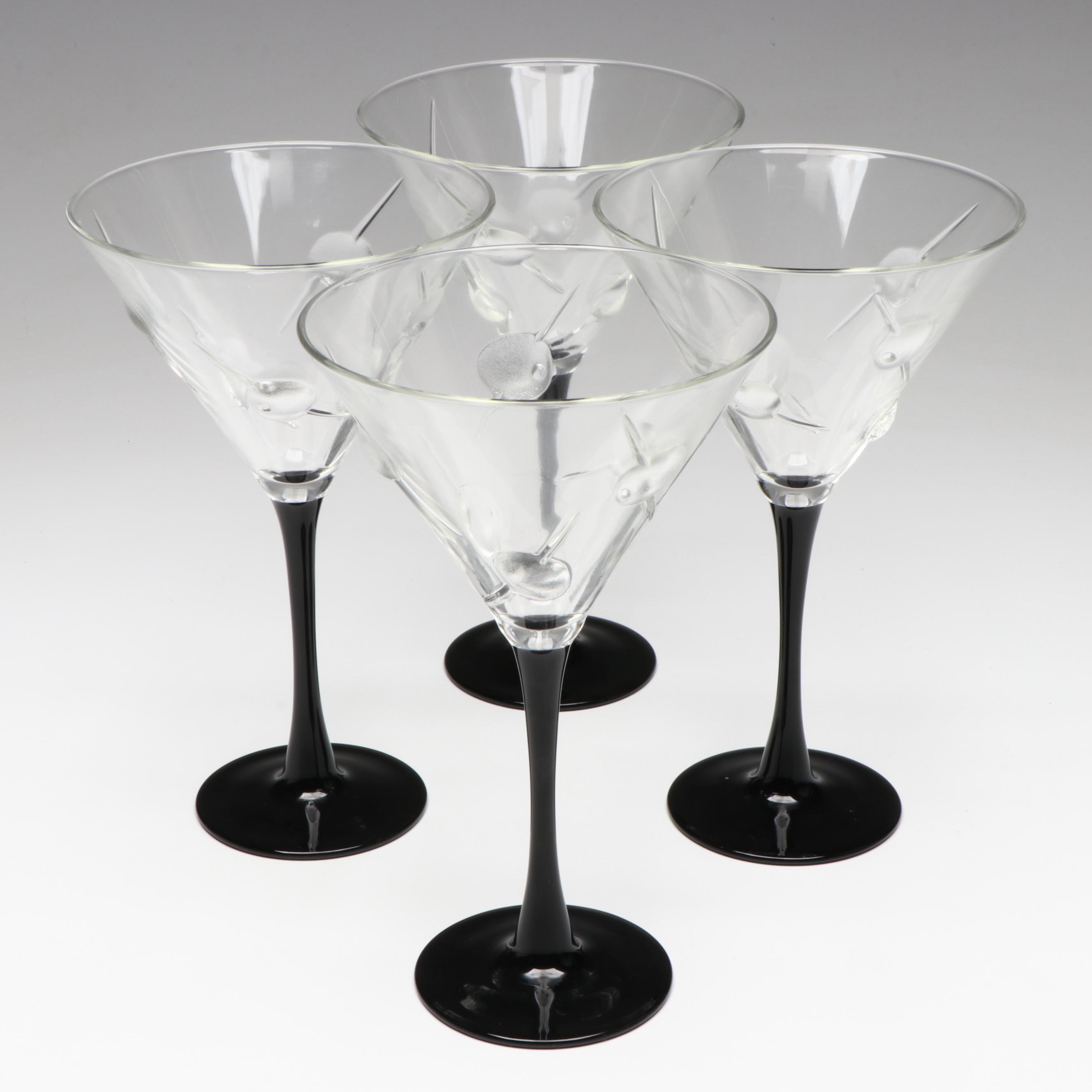 Boston Warehouse Trading Corp. Cocktail Plates and Black Stem Martini Glasses