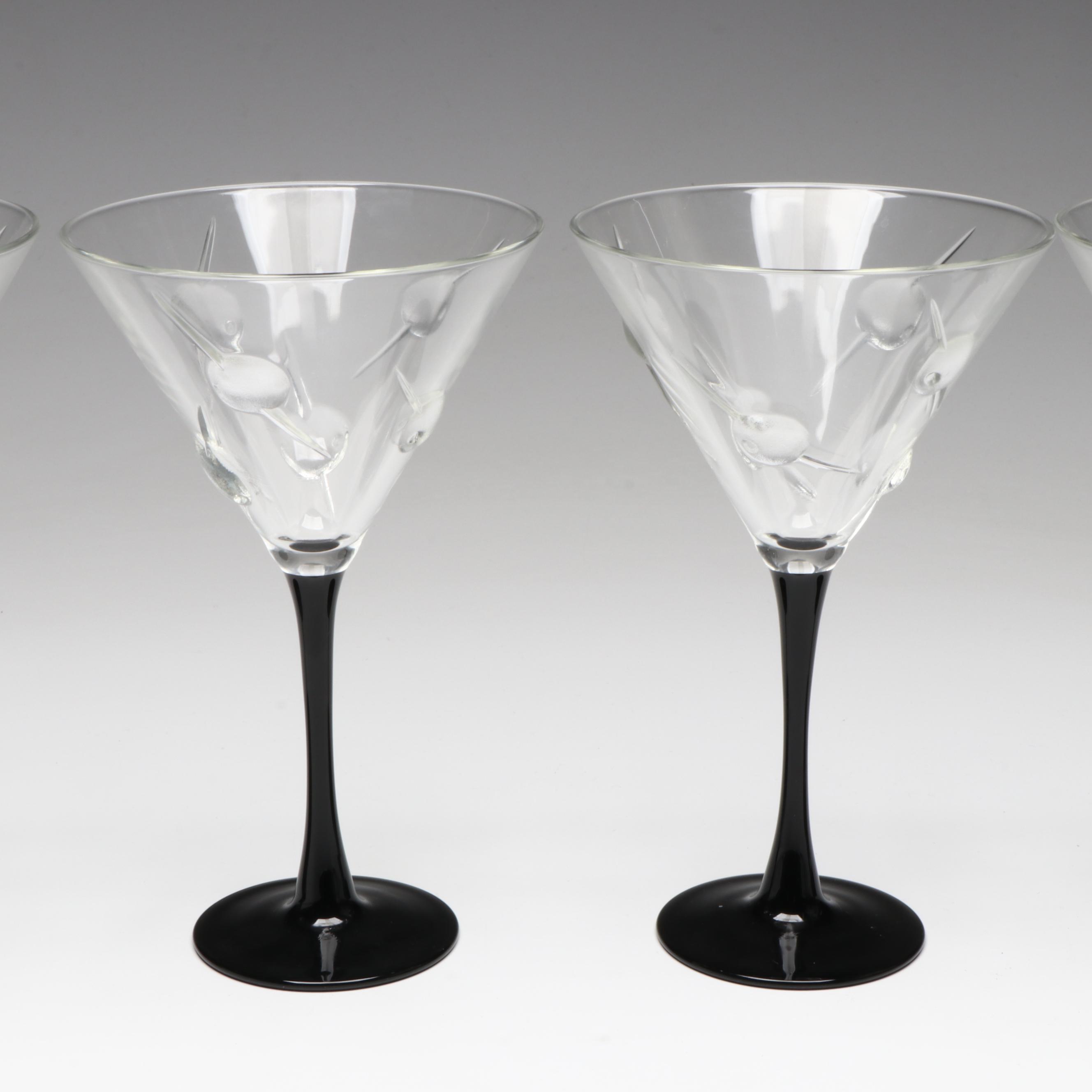Boston Warehouse Trading Corp. Cocktail Plates and Black Stem Martini Glasses