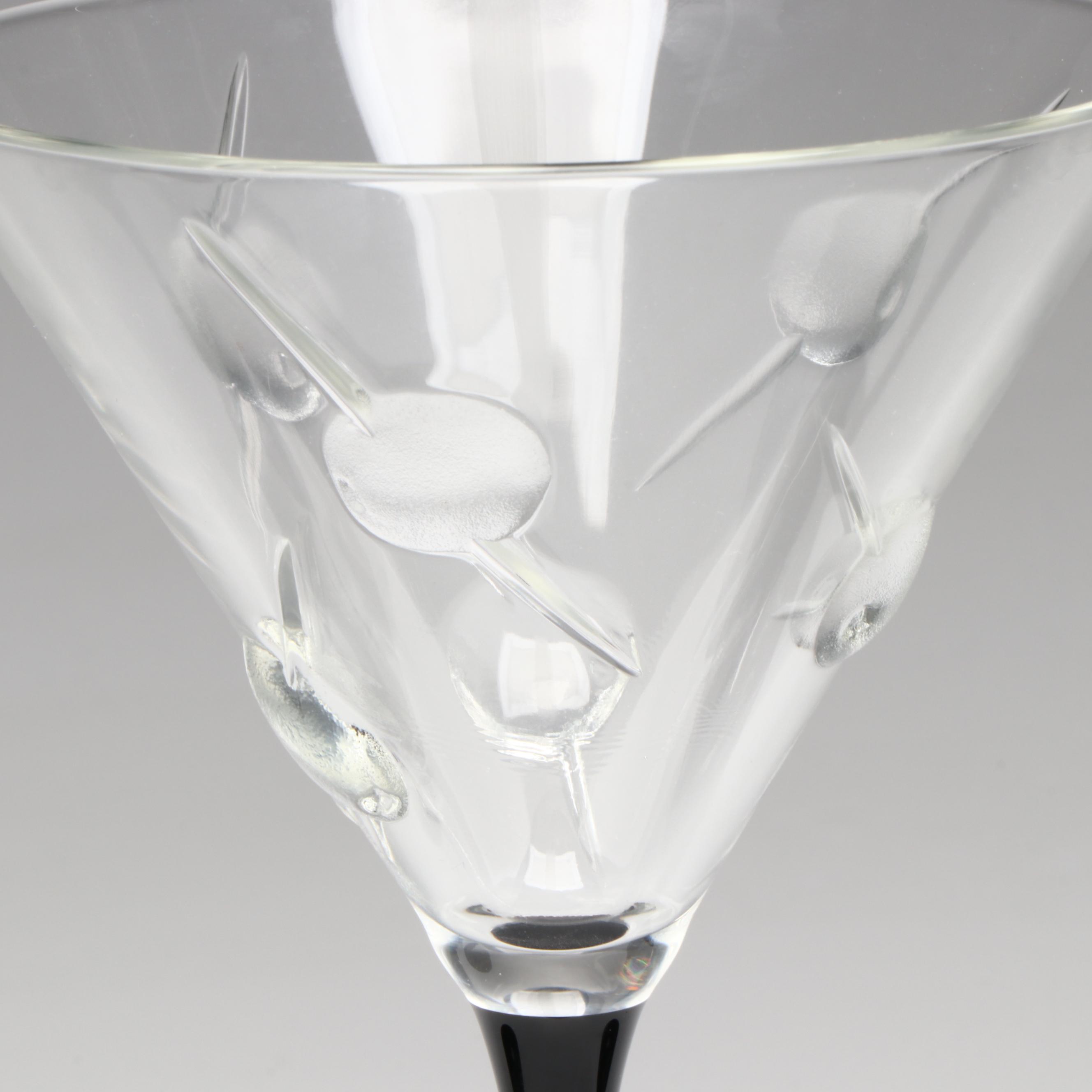 Boston Warehouse Trading Corp. Cocktail Plates and Black Stem Martini Glasses