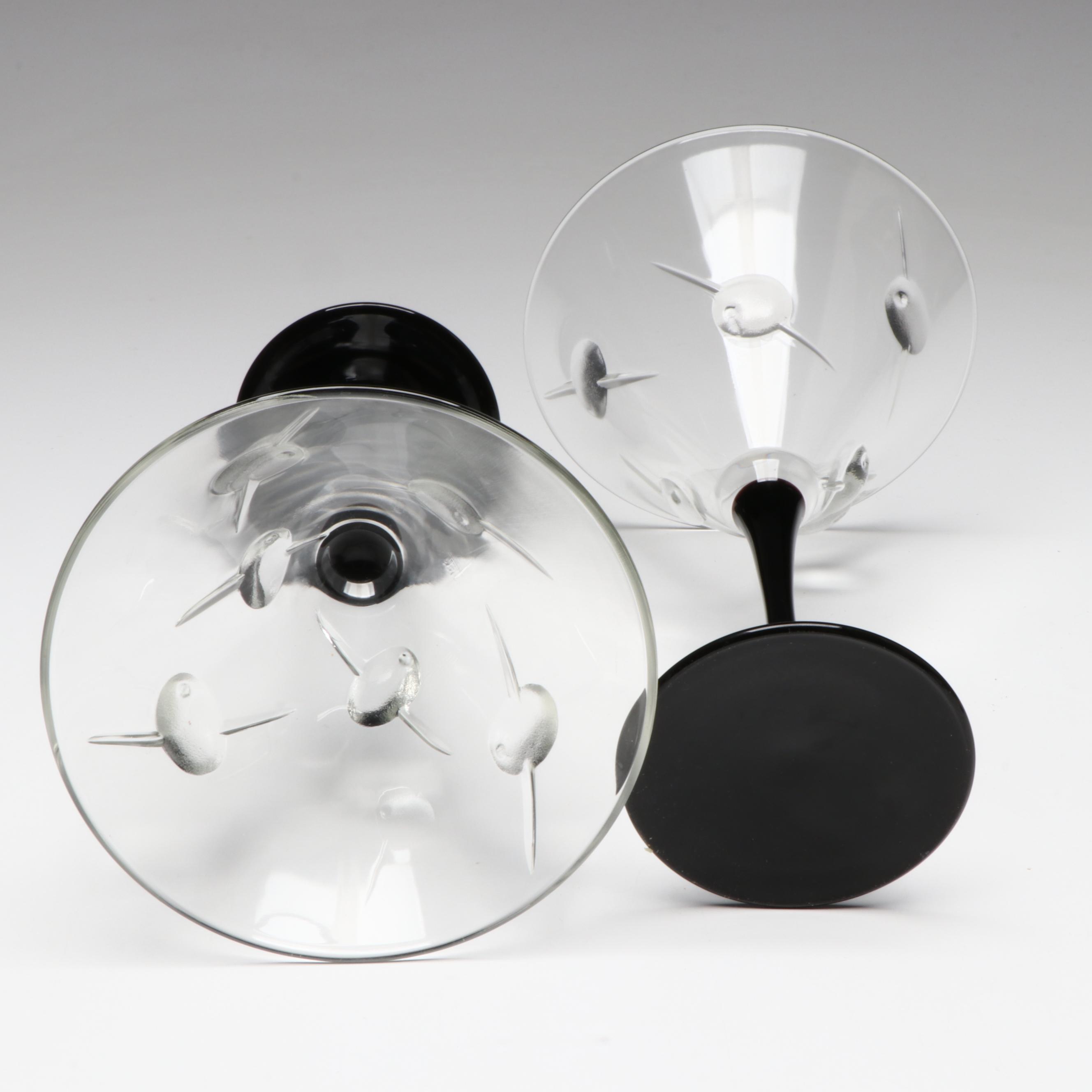 Boston Warehouse Trading Corp. Cocktail Plates and Black Stem Martini Glasses