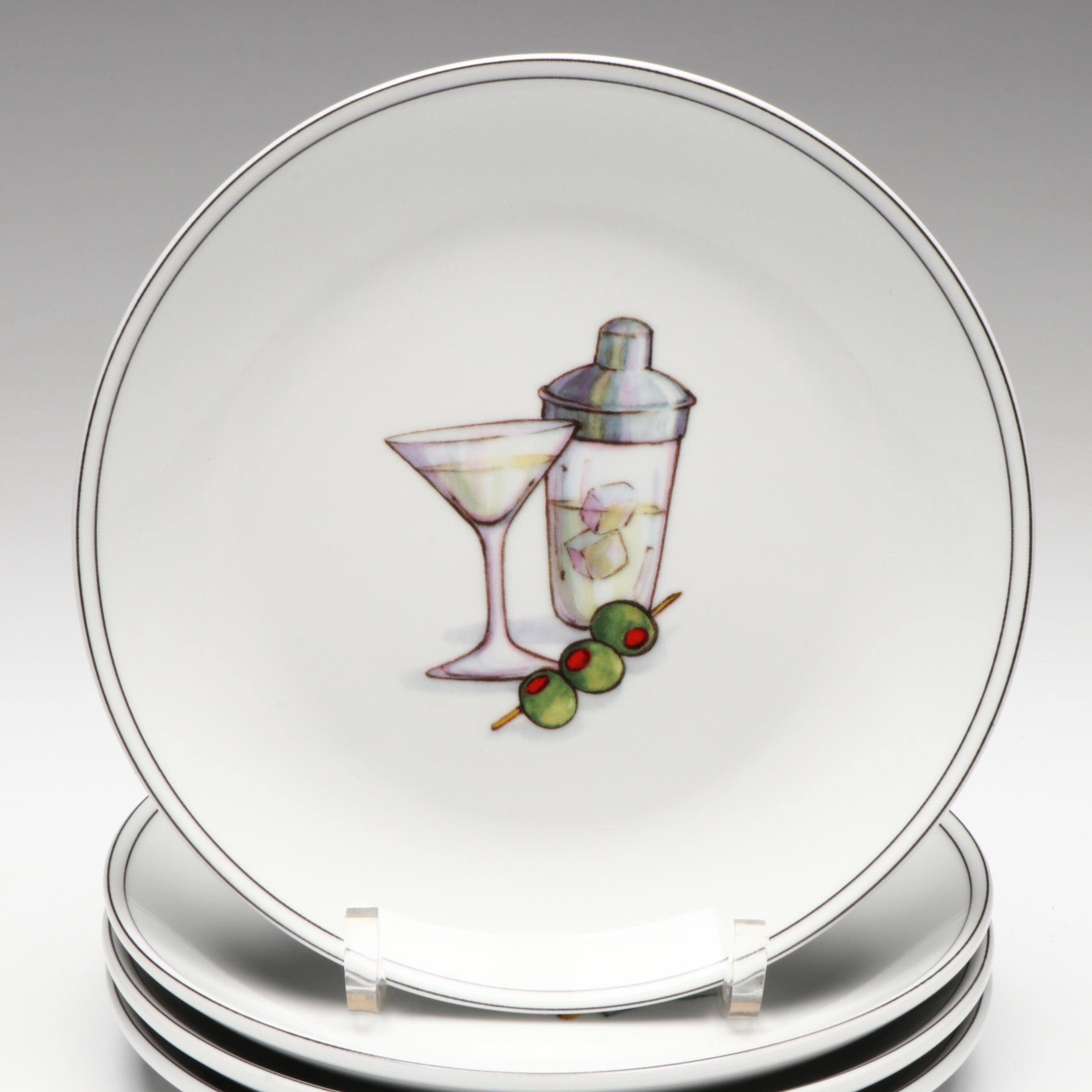 Boston Warehouse Trading Corp. Cocktail Plates and Black Stem Martini Glasses