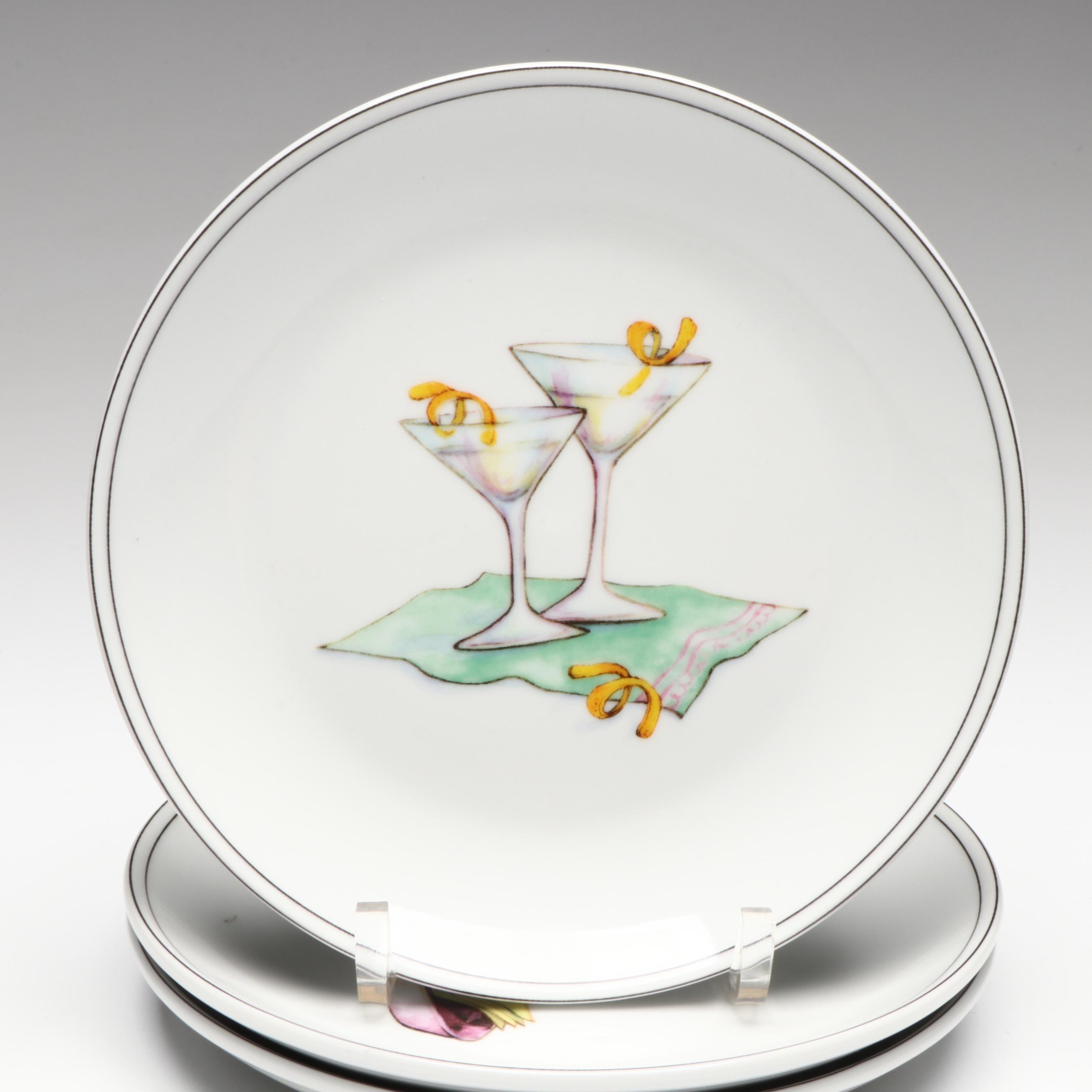 Boston Warehouse Trading Corp. Cocktail Plates and Black Stem Martini Glasses