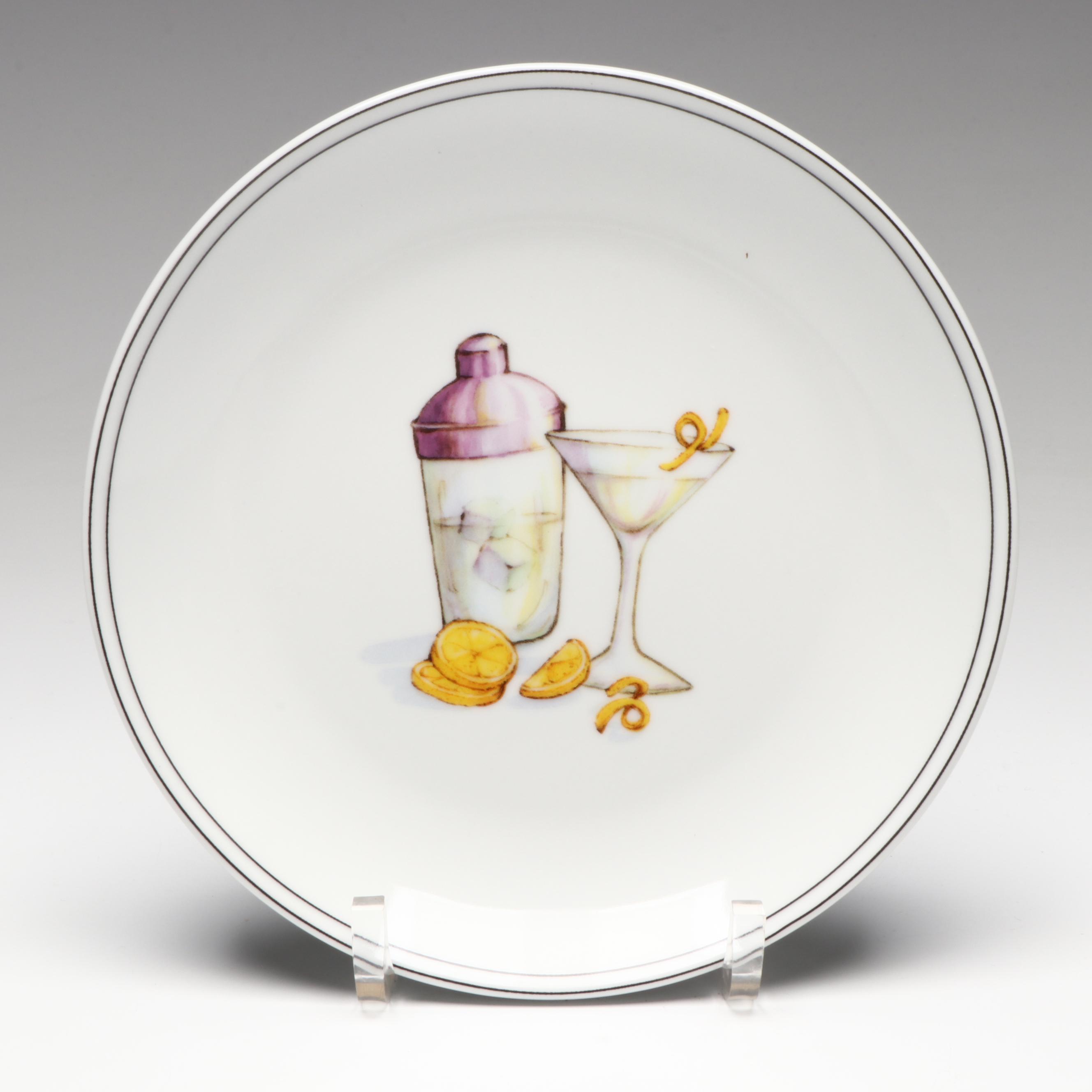 Boston Warehouse Trading Corp. Cocktail Plates and Black Stem Martini Glasses