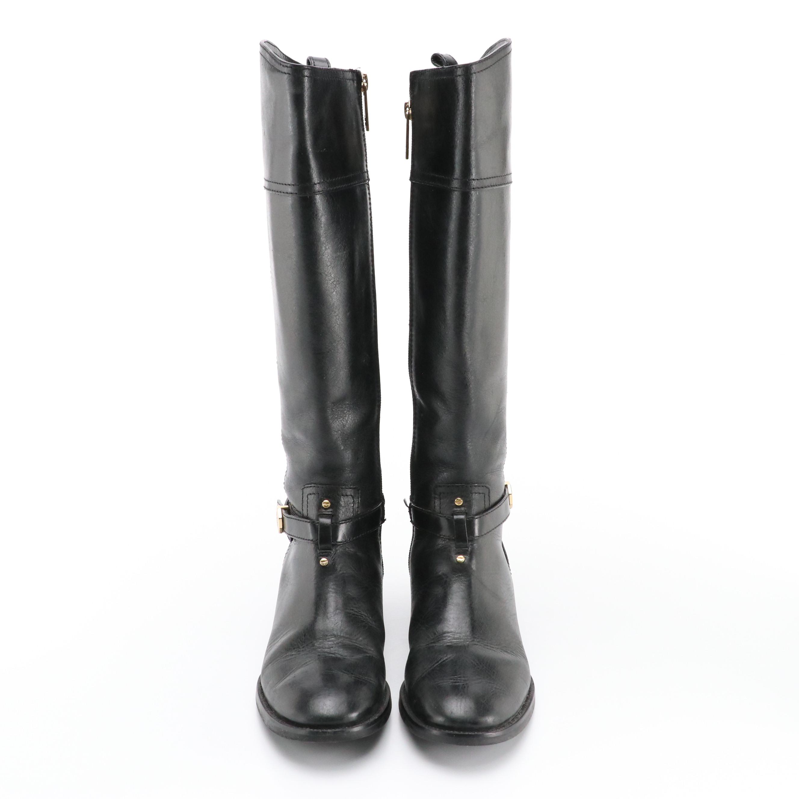 Tory Burch Buckle Strap Equestrian Boots in Black Leather