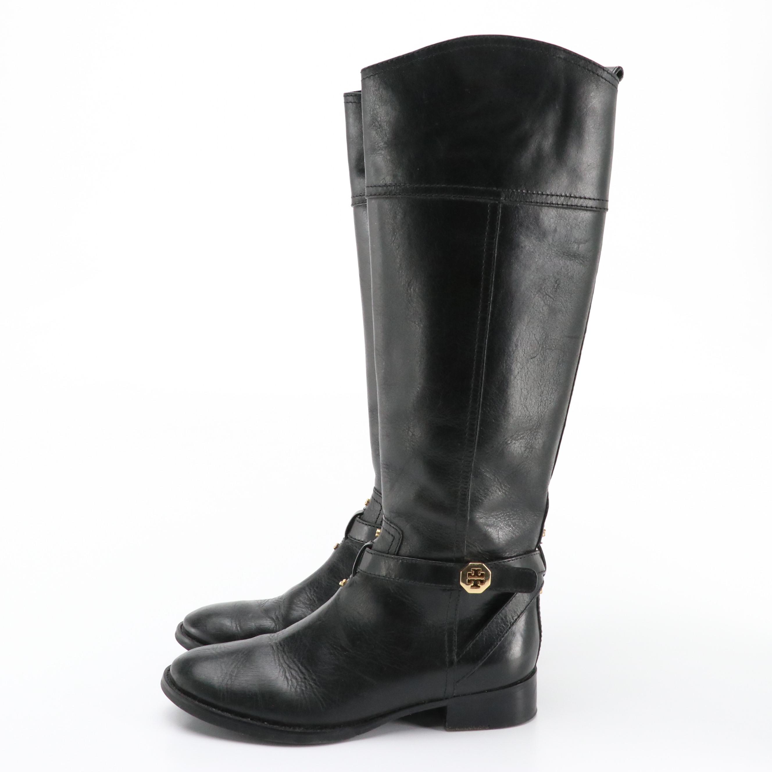 Tory Burch Buckle Strap Equestrian Boots in Black Leather