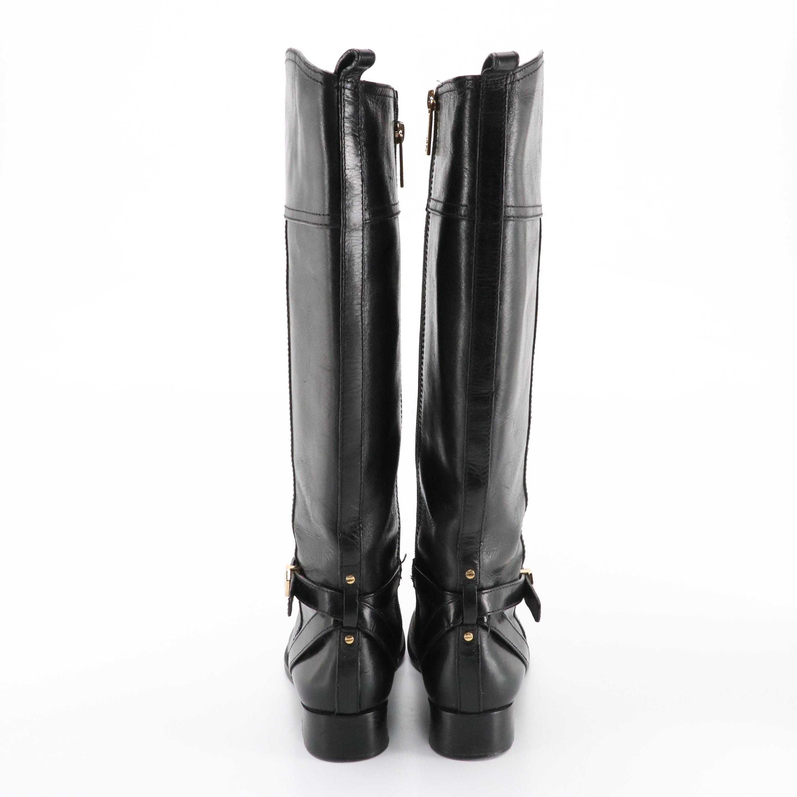 Tory Burch Buckle Strap Equestrian Boots in Black Leather