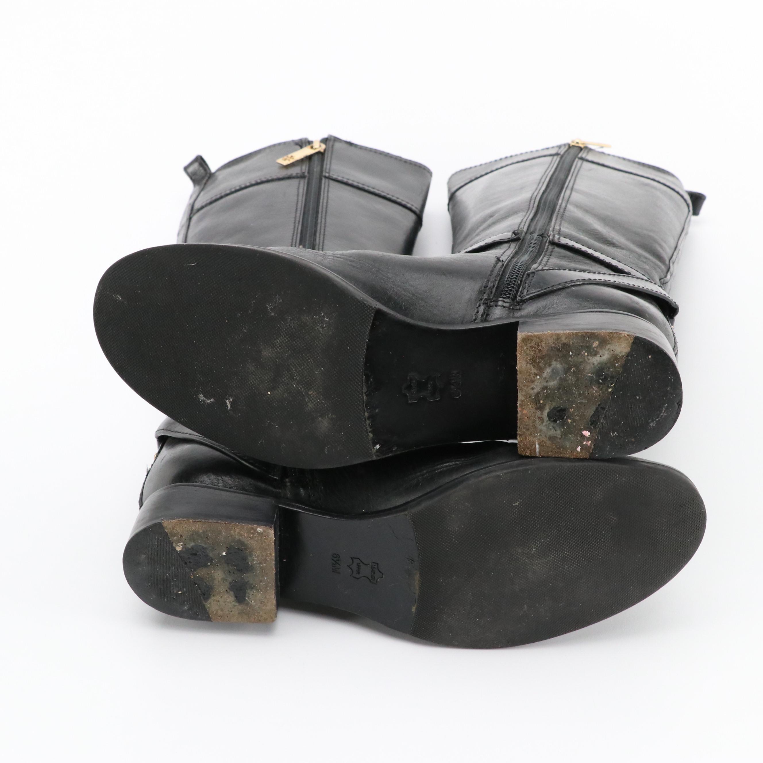 Tory Burch Buckle Strap Equestrian Boots in Black Leather