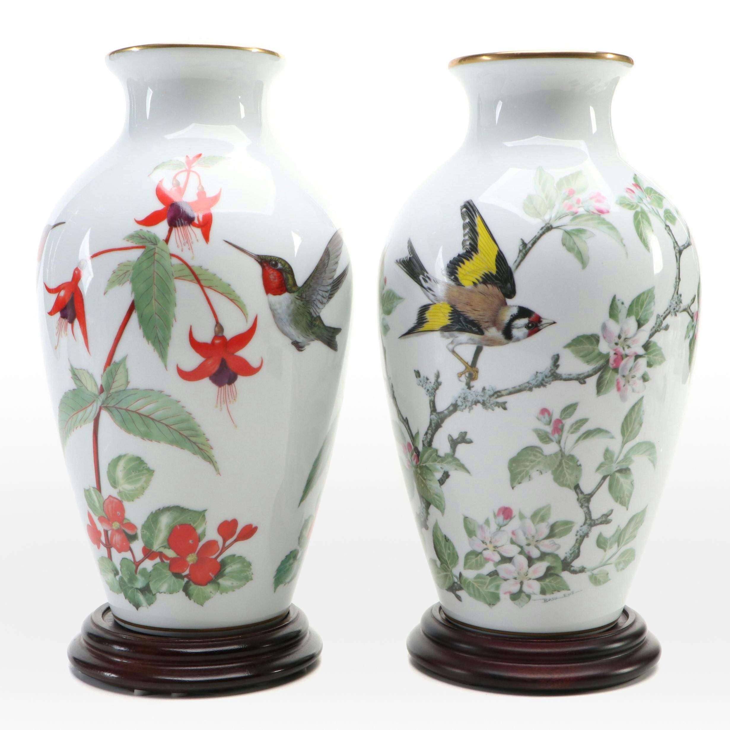 Franklin Mint "Garden Bird" and "Woodland Bird" Porcelain Vases, 1981