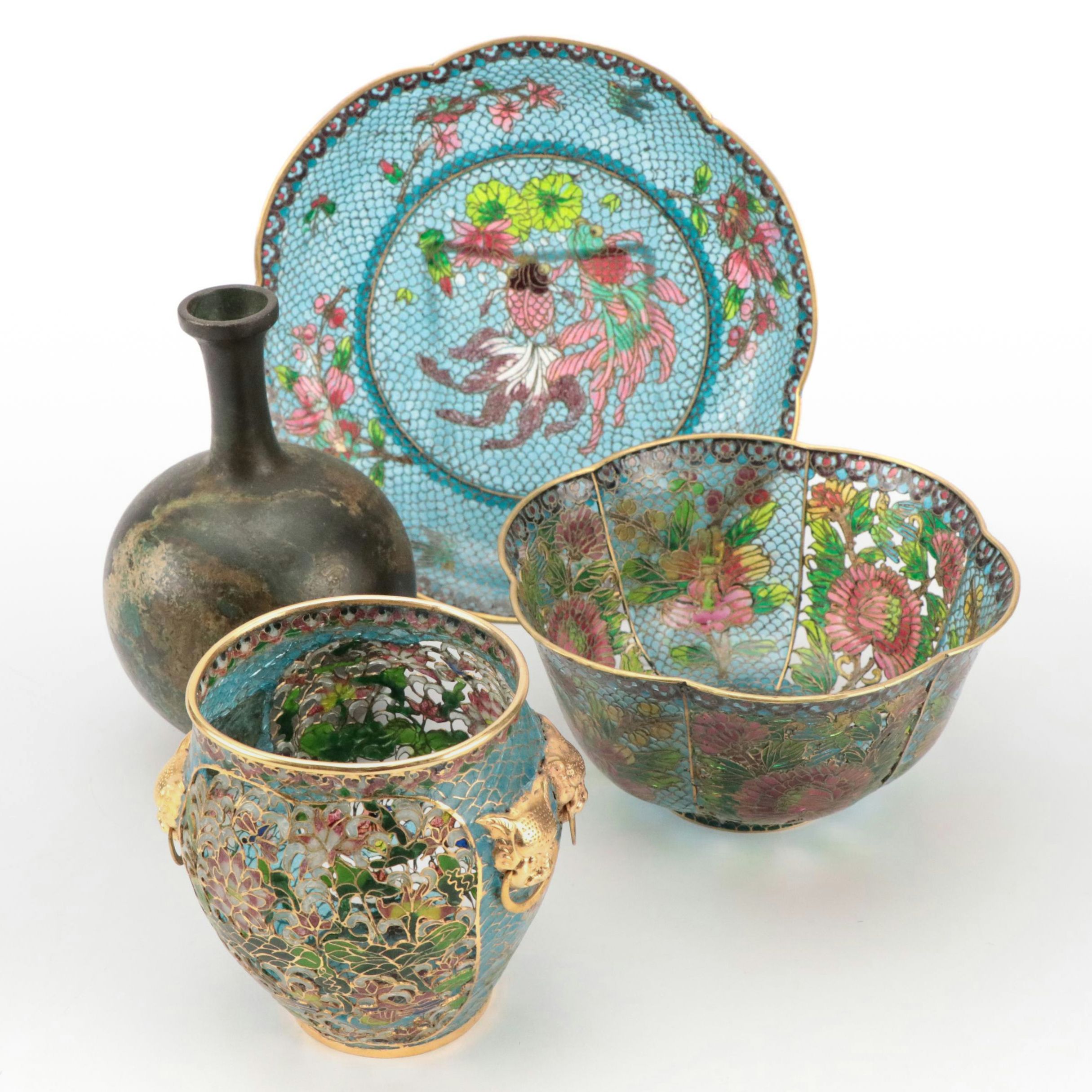 Chinese Plique-A-Jour Cut Out Enamel Bowls and Plate with Metal Bud Vase