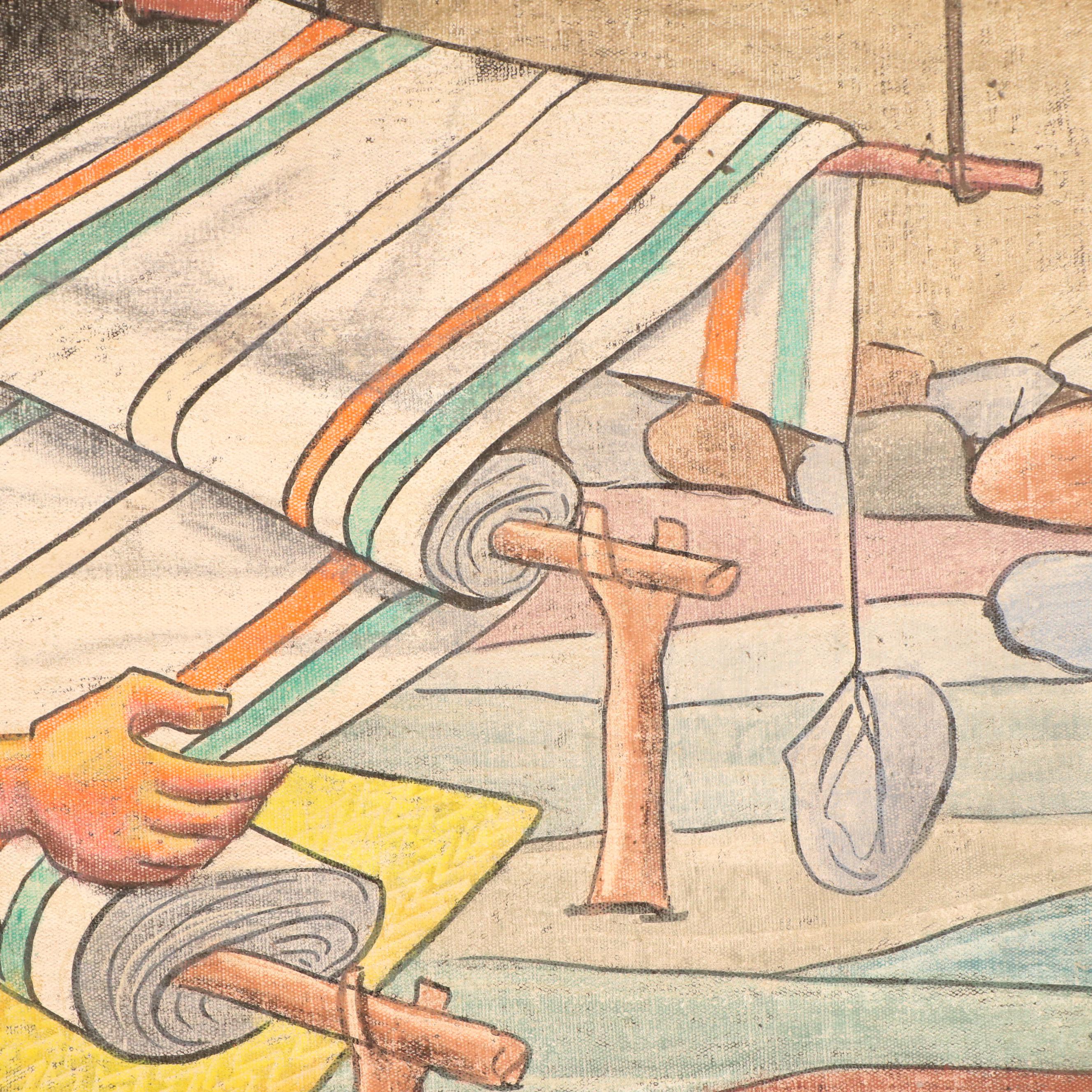 Raphael Moises Oil Pastel Weaver, Mid to Late 20th Century