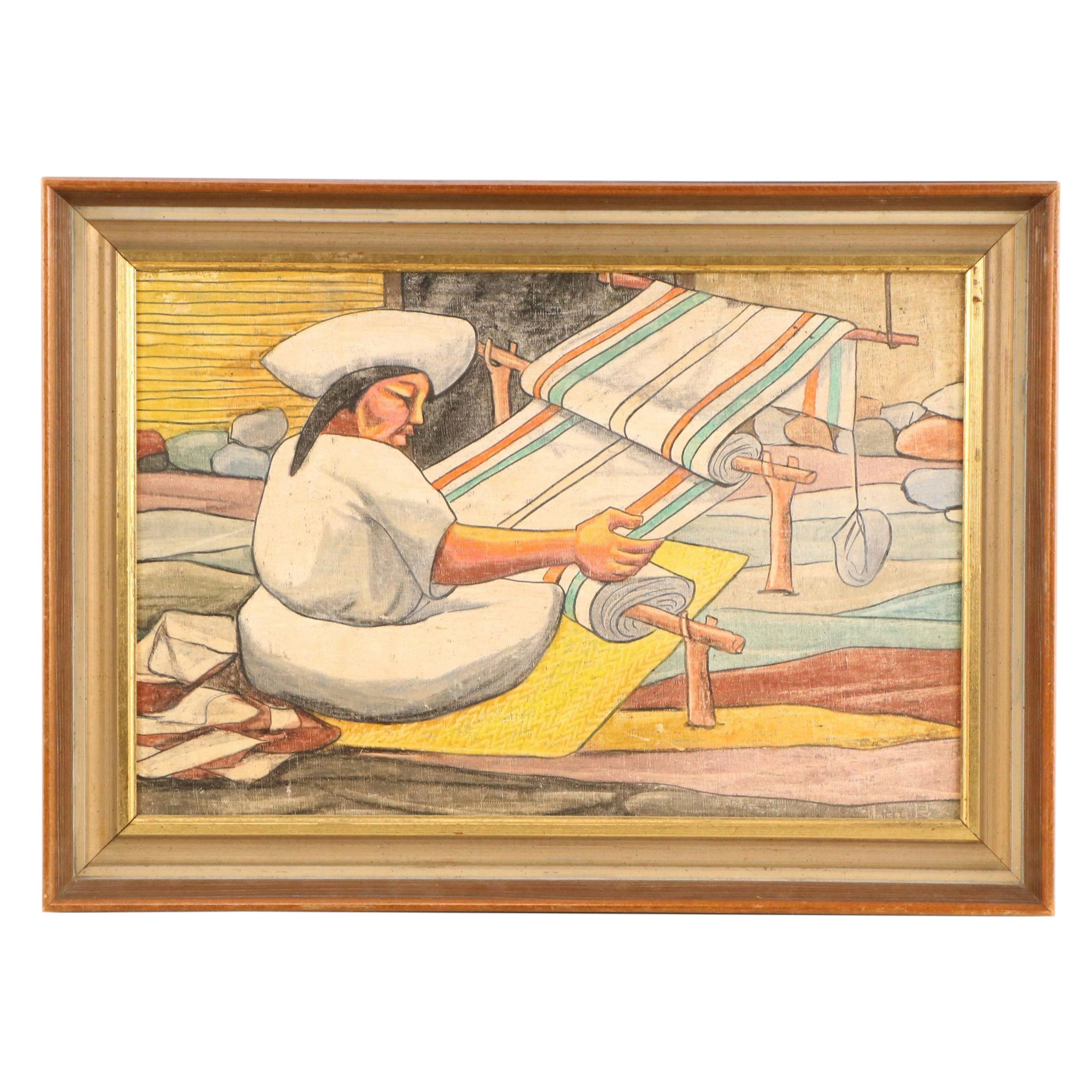 Raphael Moises Oil Pastel Weaver, Mid to Late 20th Century