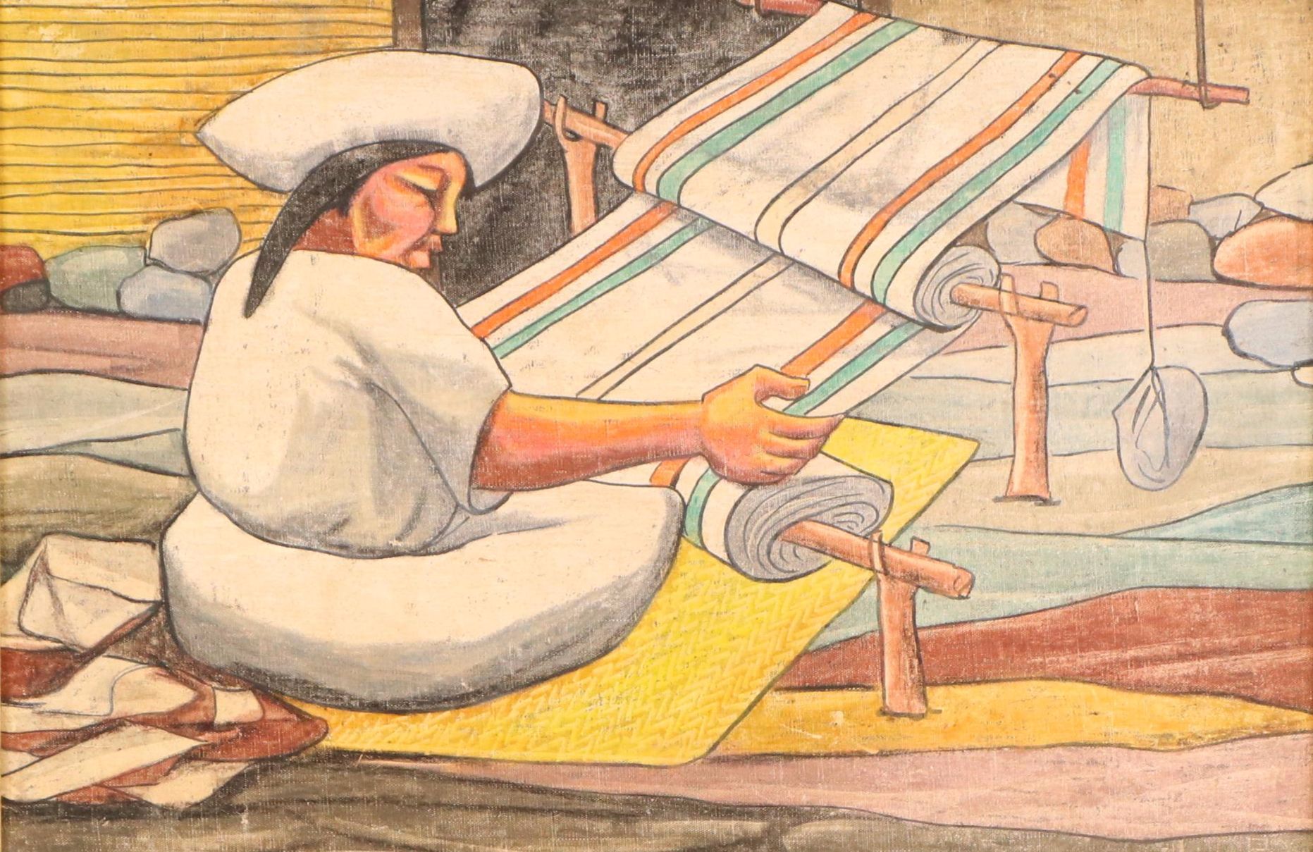 Raphael Moises Oil Pastel Weaver, Mid to Late 20th Century