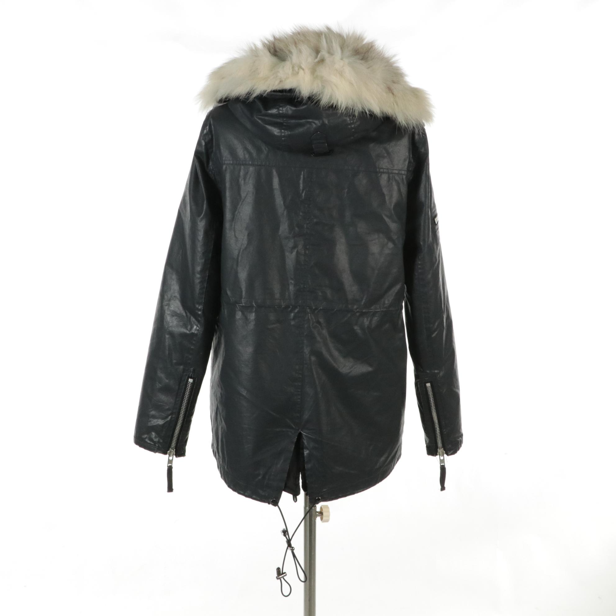 Sam. New York Waxed Cotton Hooded Zip and Snap-Front Jacket with Fox Fur Trim