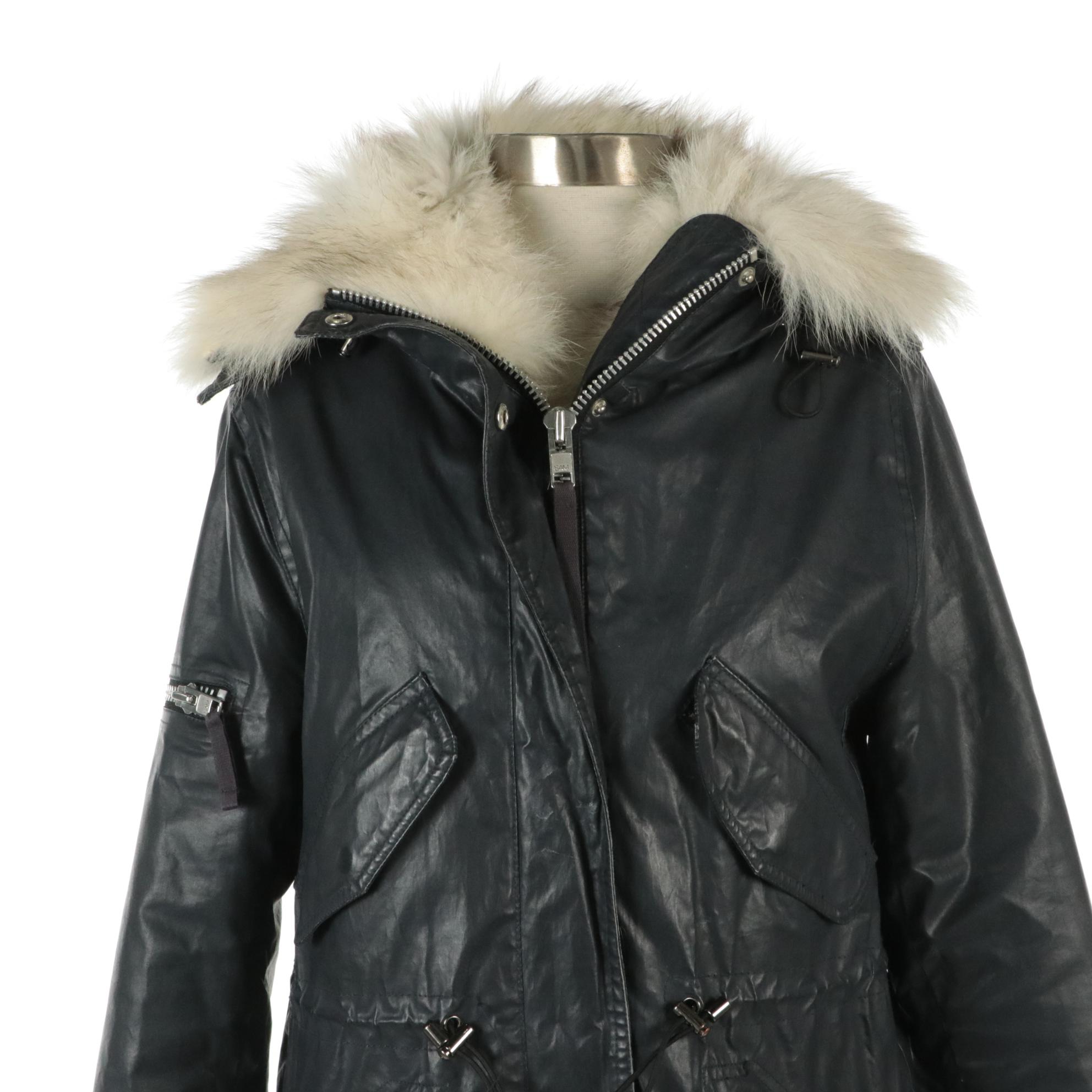 Sam. New York Waxed Cotton Hooded Zip and Snap-Front Jacket with Fox Fur Trim