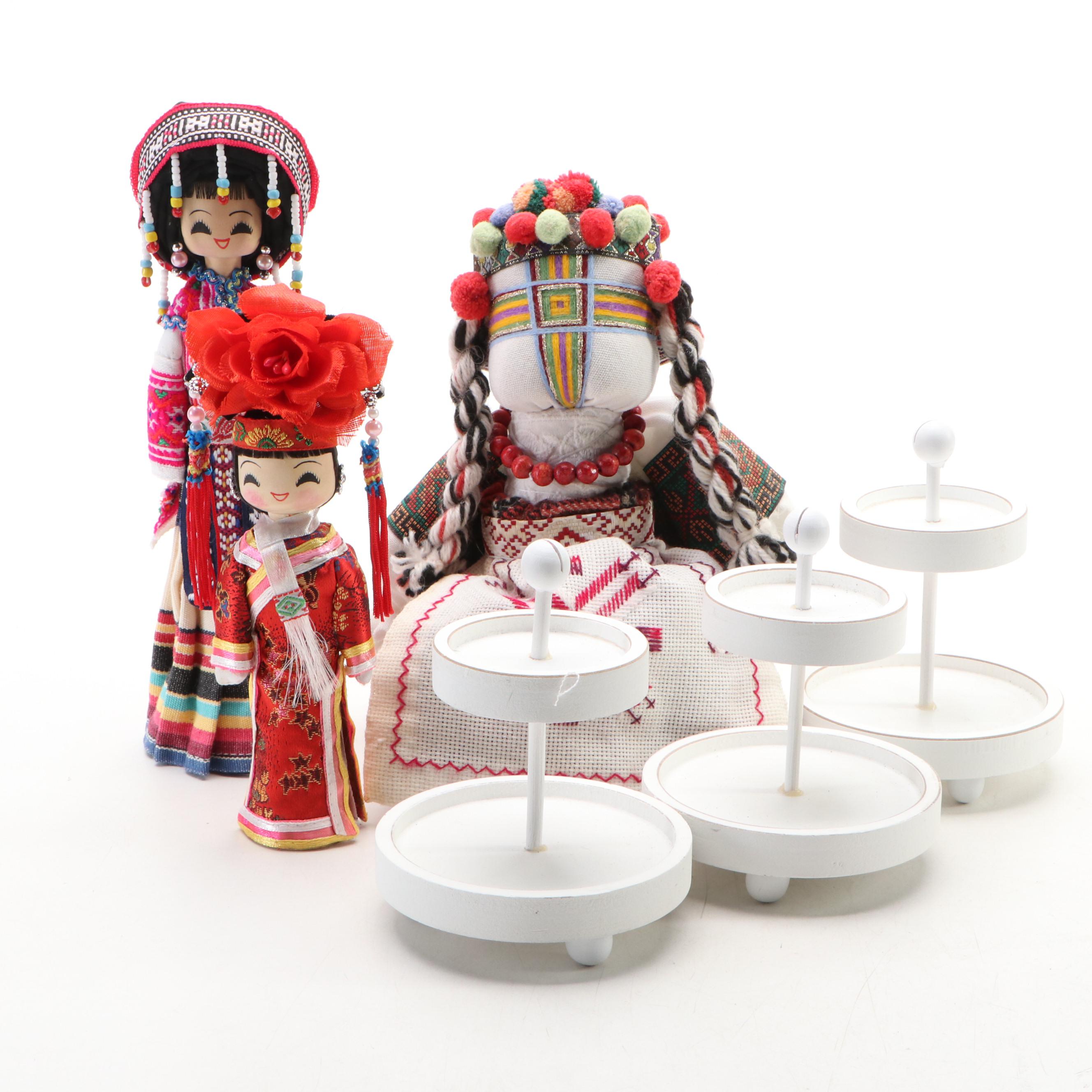 Traditional Chinese Fabric & Wooden Dolls with Hobby Lobby Wooden Jewelry Stands