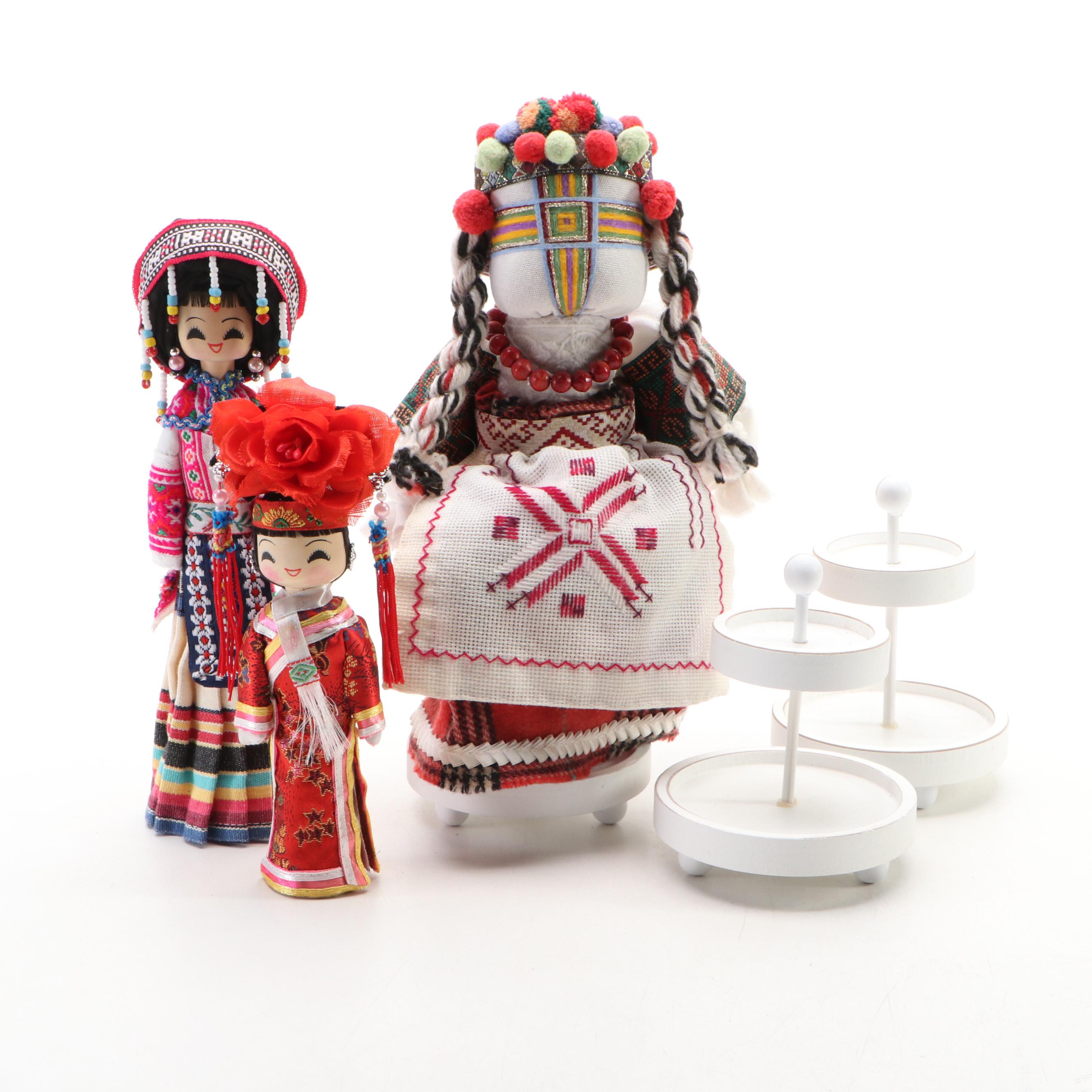 Traditional Chinese Fabric & Wooden Dolls with Hobby Lobby Wooden Jewelry Stands