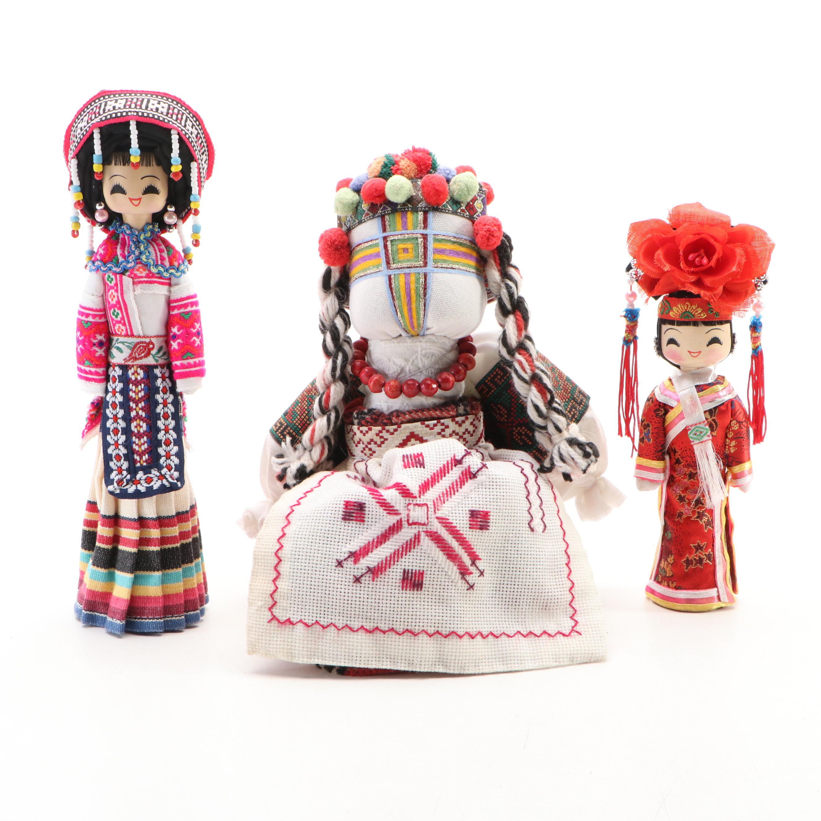 Traditional Chinese Fabric & Wooden Dolls with Hobby Lobby Wooden Jewelry Stands