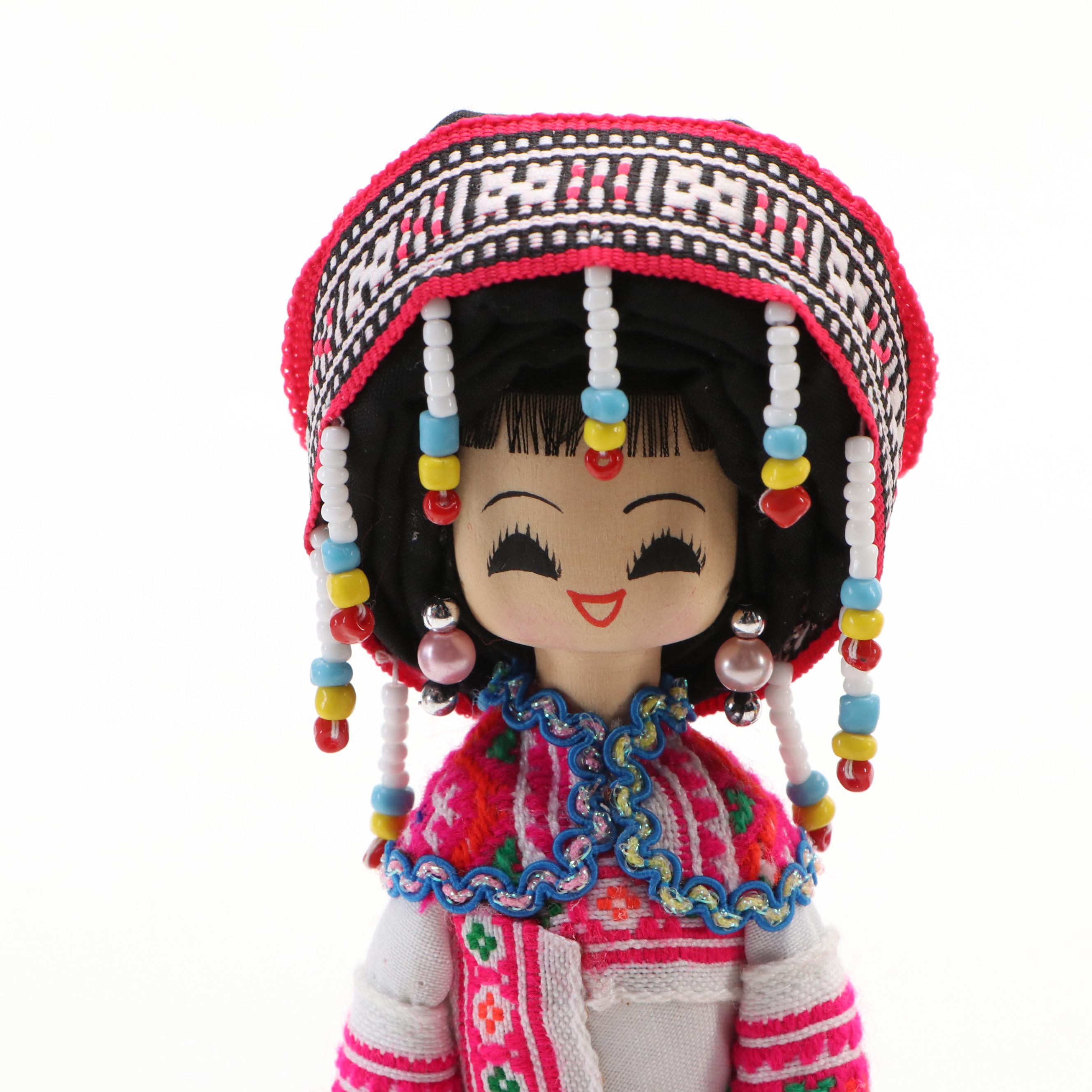 Traditional Chinese Fabric & Wooden Dolls with Hobby Lobby Wooden Jewelry Stands