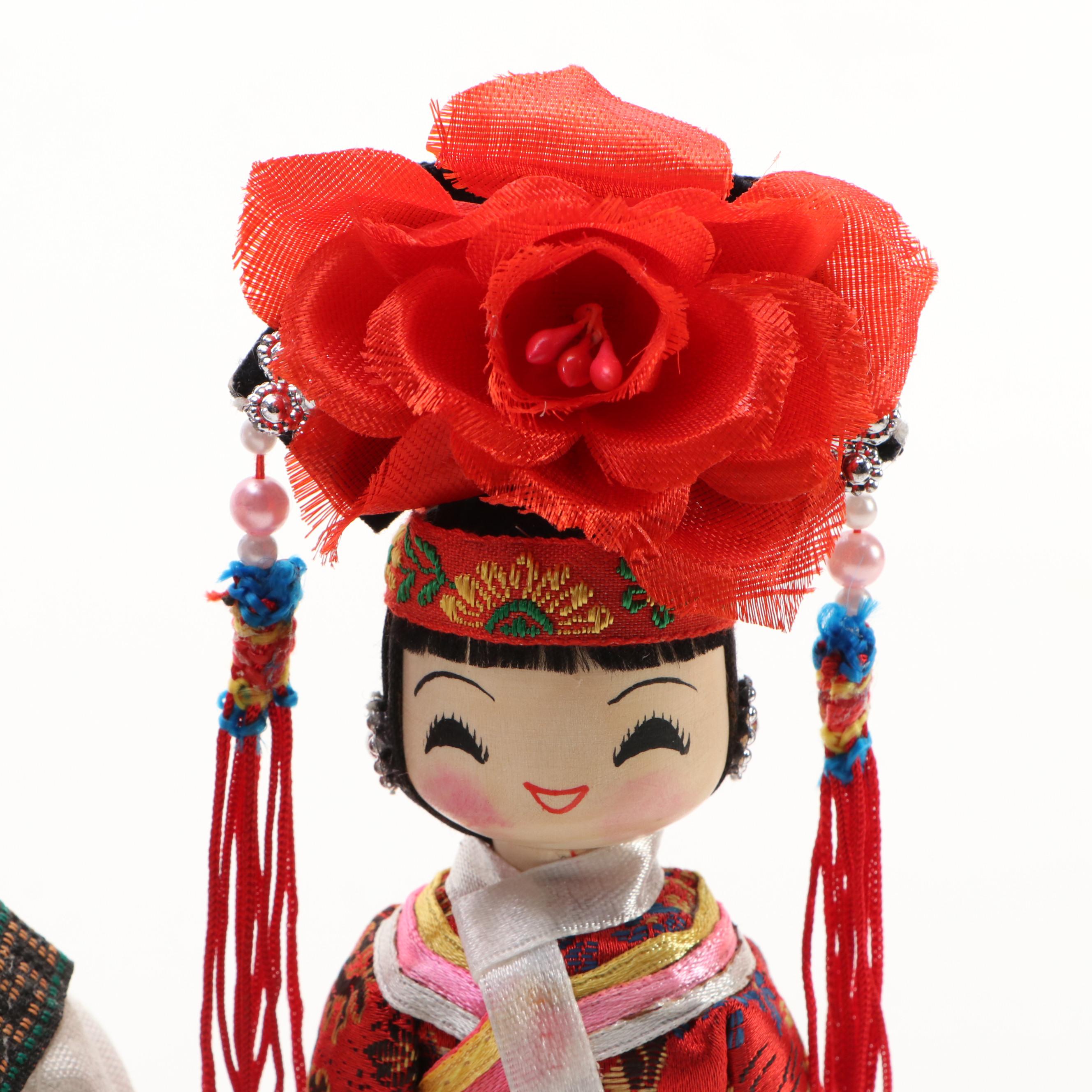 Traditional Chinese Fabric & Wooden Dolls with Hobby Lobby Wooden Jewelry Stands