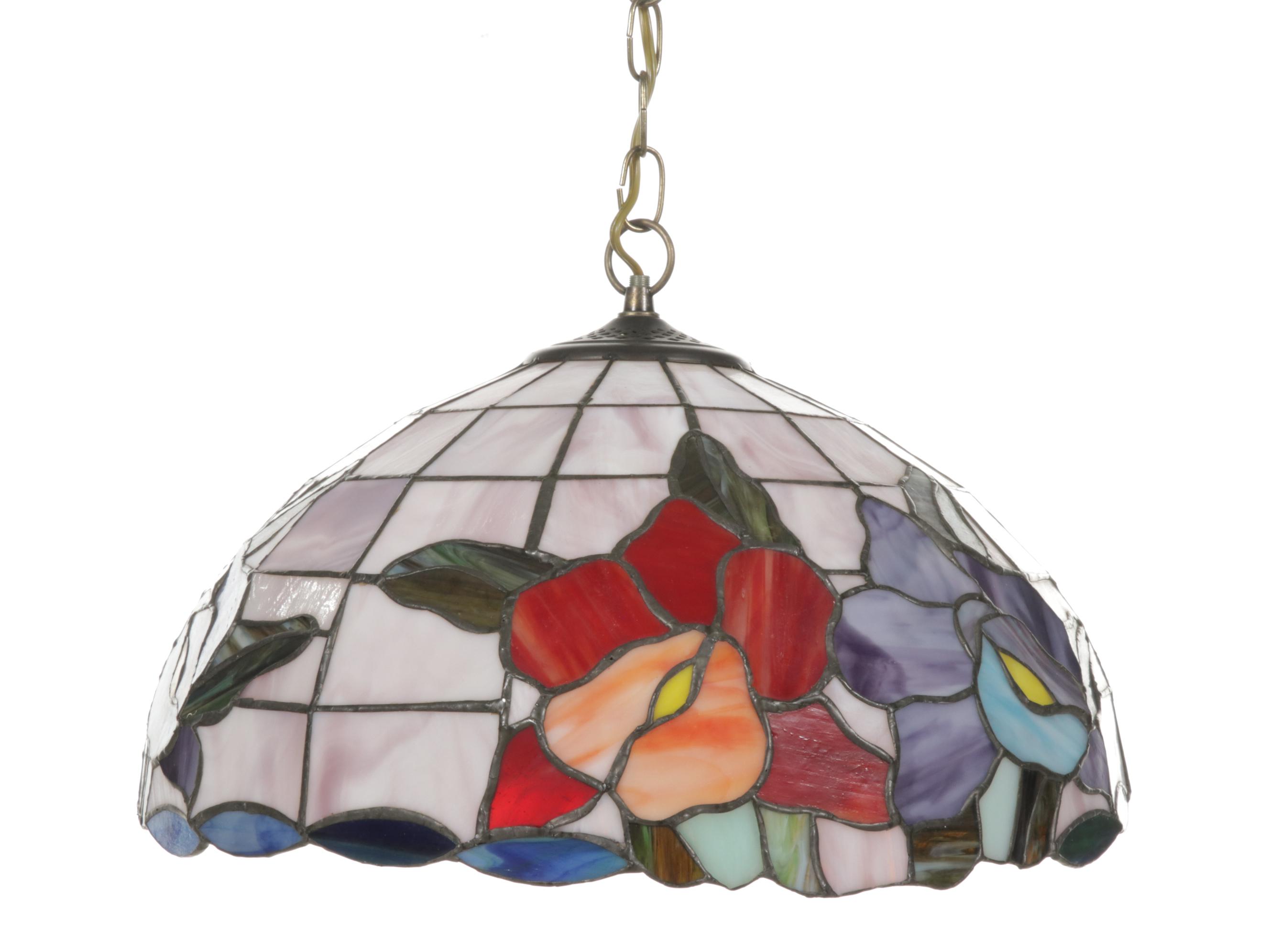 Slag Glass Pendant Light with Floral Motif