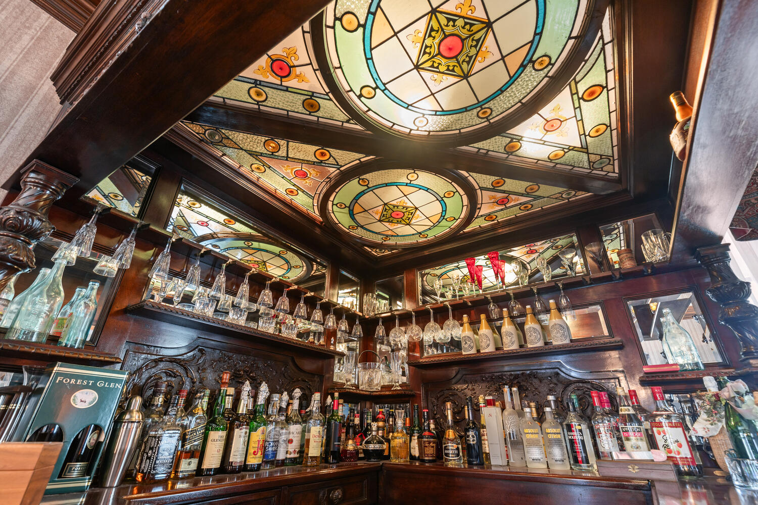 English Carved Mahogany Dry Bar with Stained Glass Canopy Ceiling
