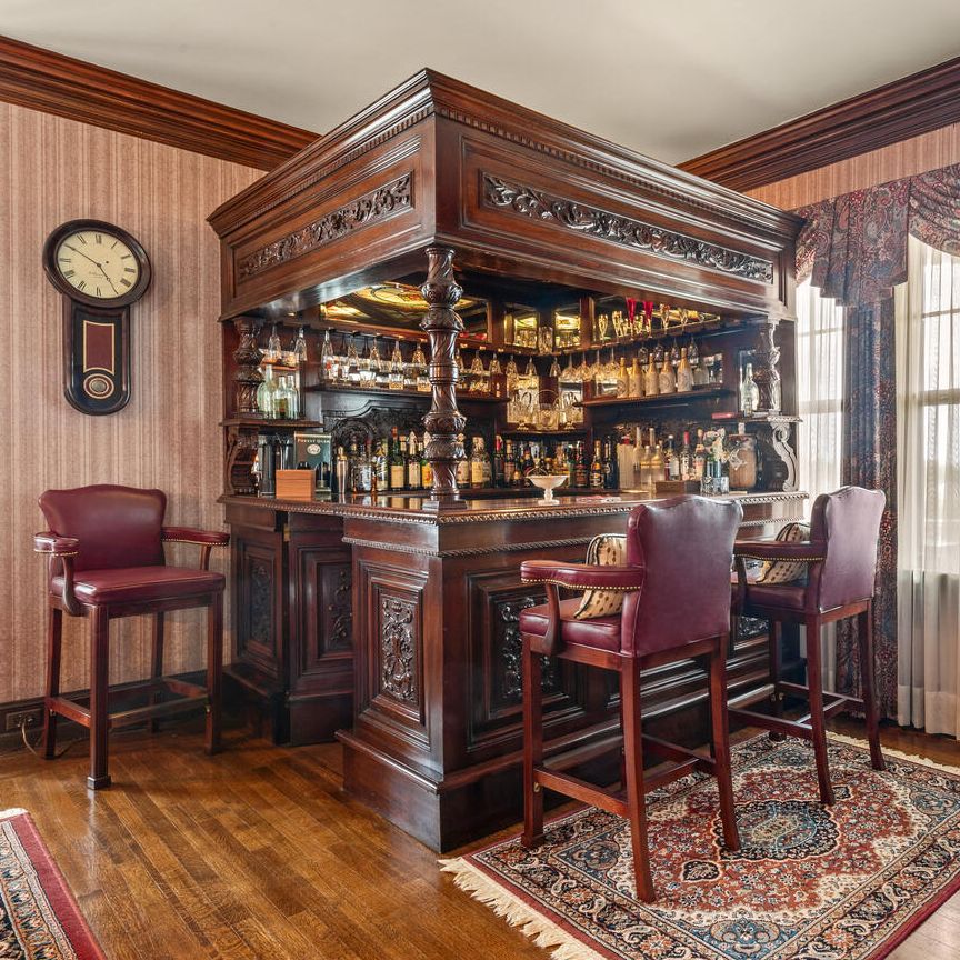 English Carved Mahogany Dry Bar with Stained Glass Canopy Ceiling