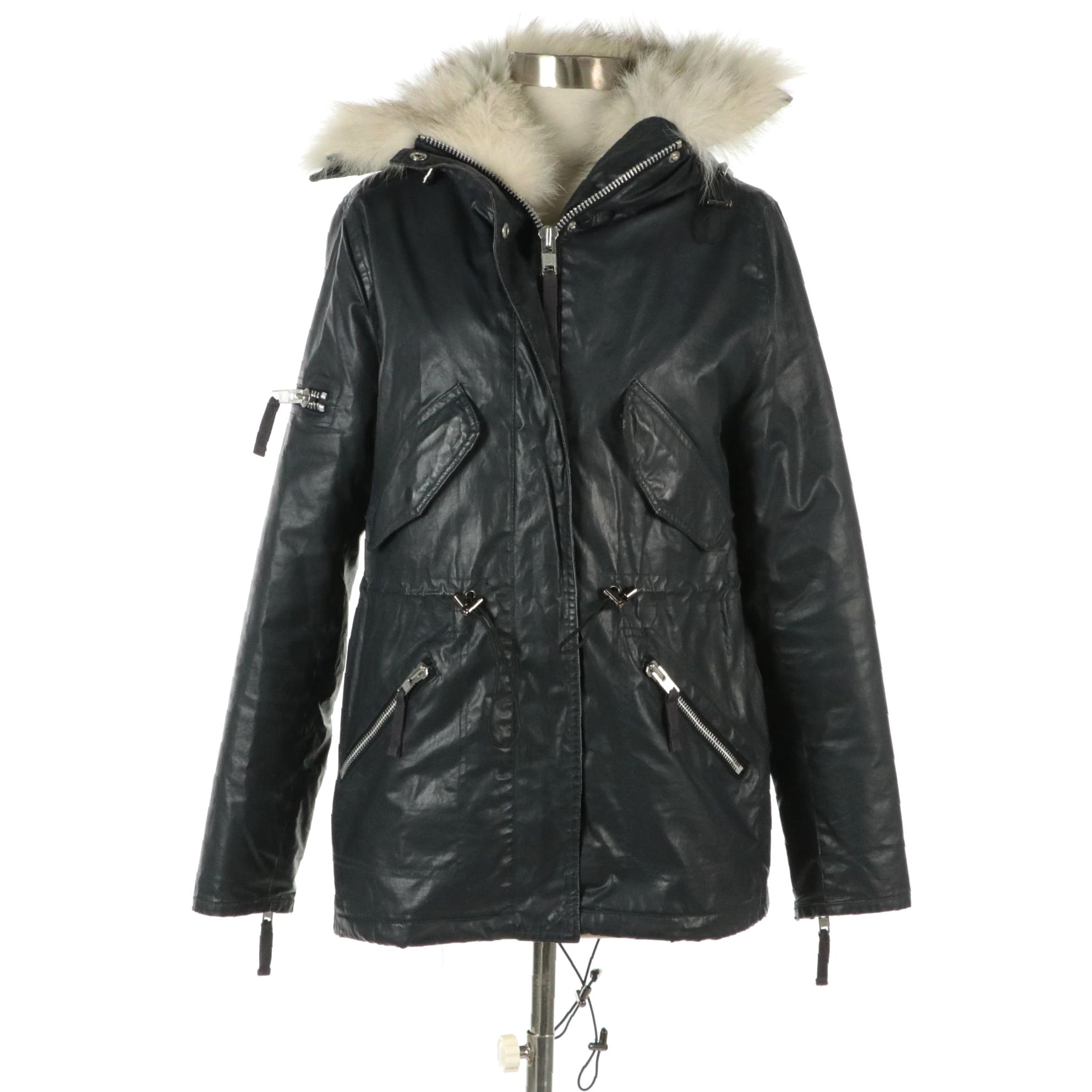 Sam. New York Waxed Cotton Hooded Zip and Snap-Front Jacket with Fox Fur Trim