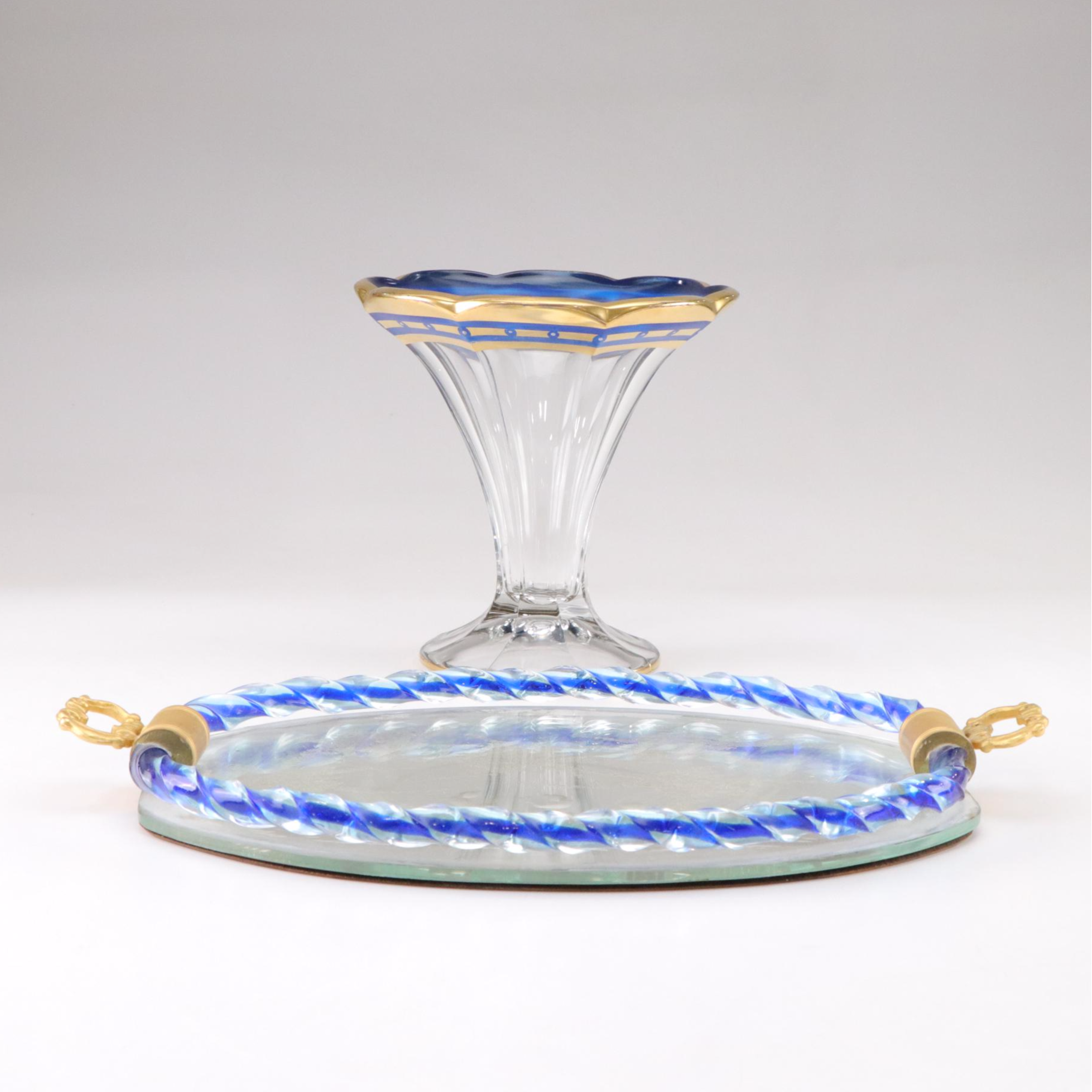Ercole Barovier Mirrored & Etched Glass Tray with Gilt Trumpet Vase