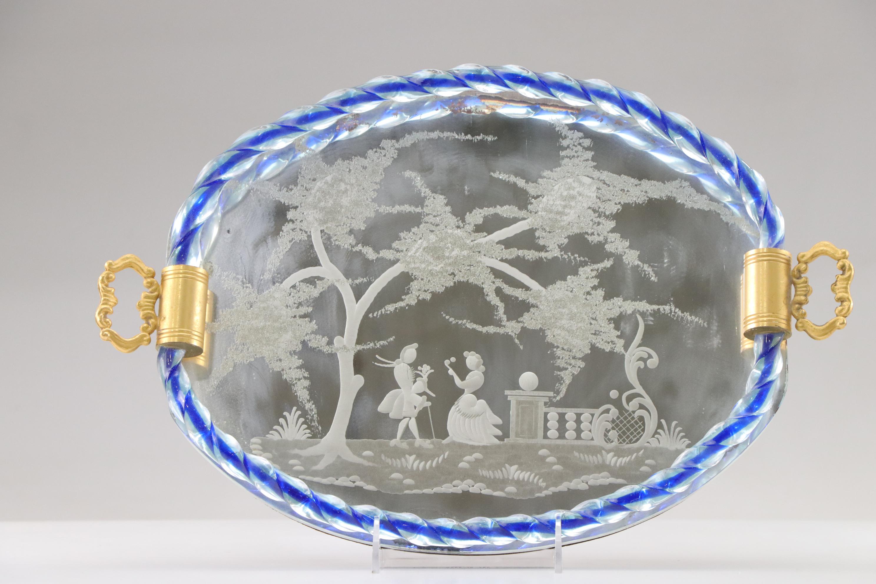 Ercole Barovier Mirrored & Etched Glass Tray with Gilt Trumpet Vase