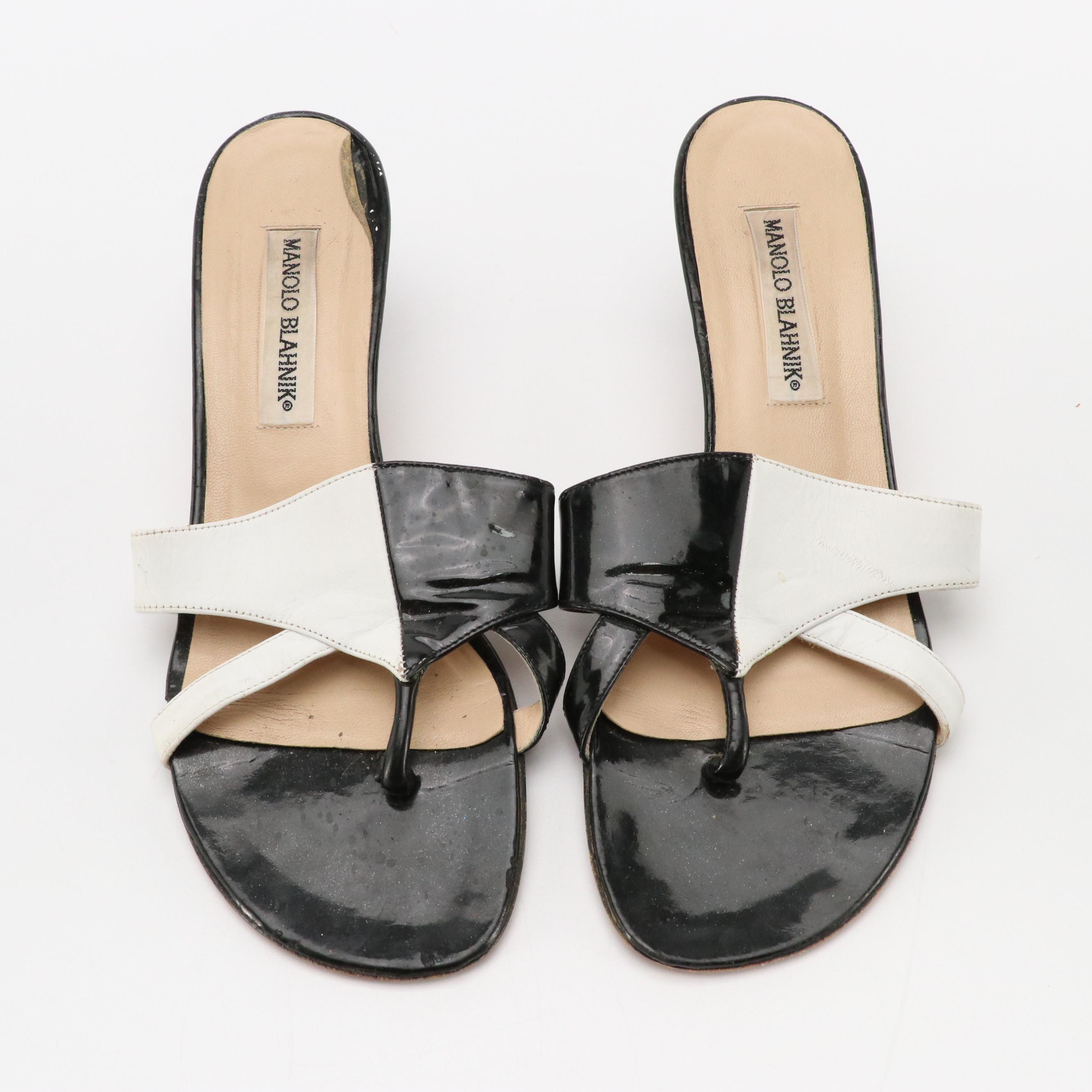 Manolo Blahnik Kitten Heel Mules in Black Patent and White Leather