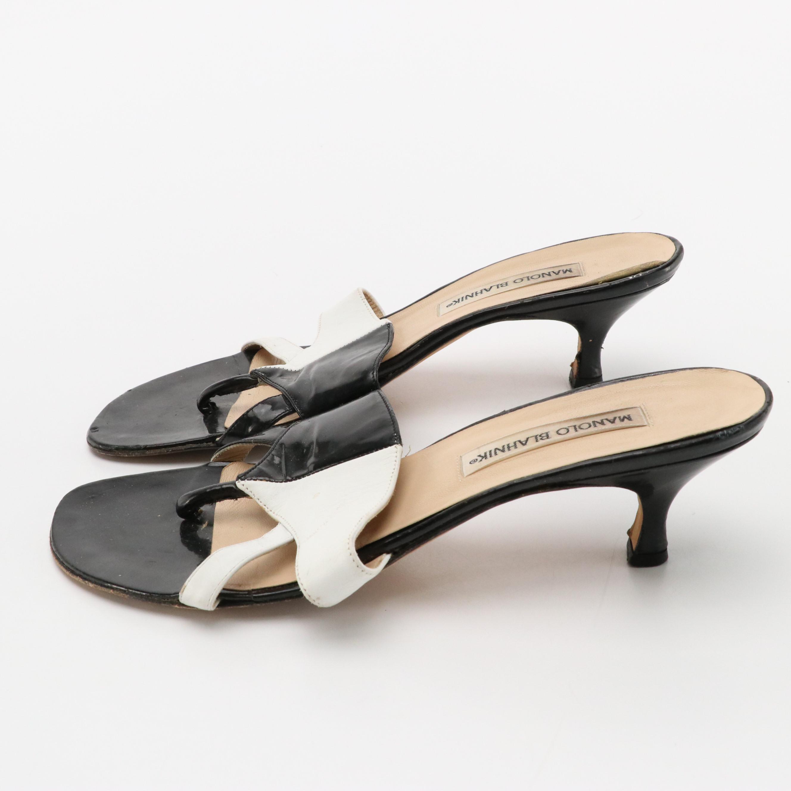 Manolo Blahnik Kitten Heel Mules in Black Patent and White Leather