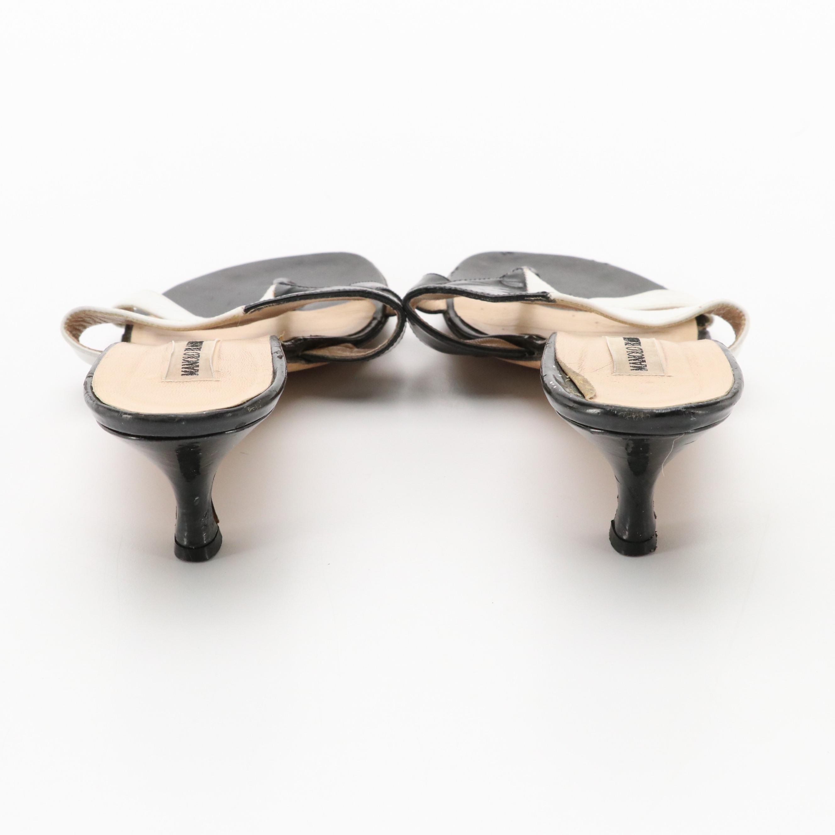 Manolo Blahnik Kitten Heel Mules in Black Patent and White Leather