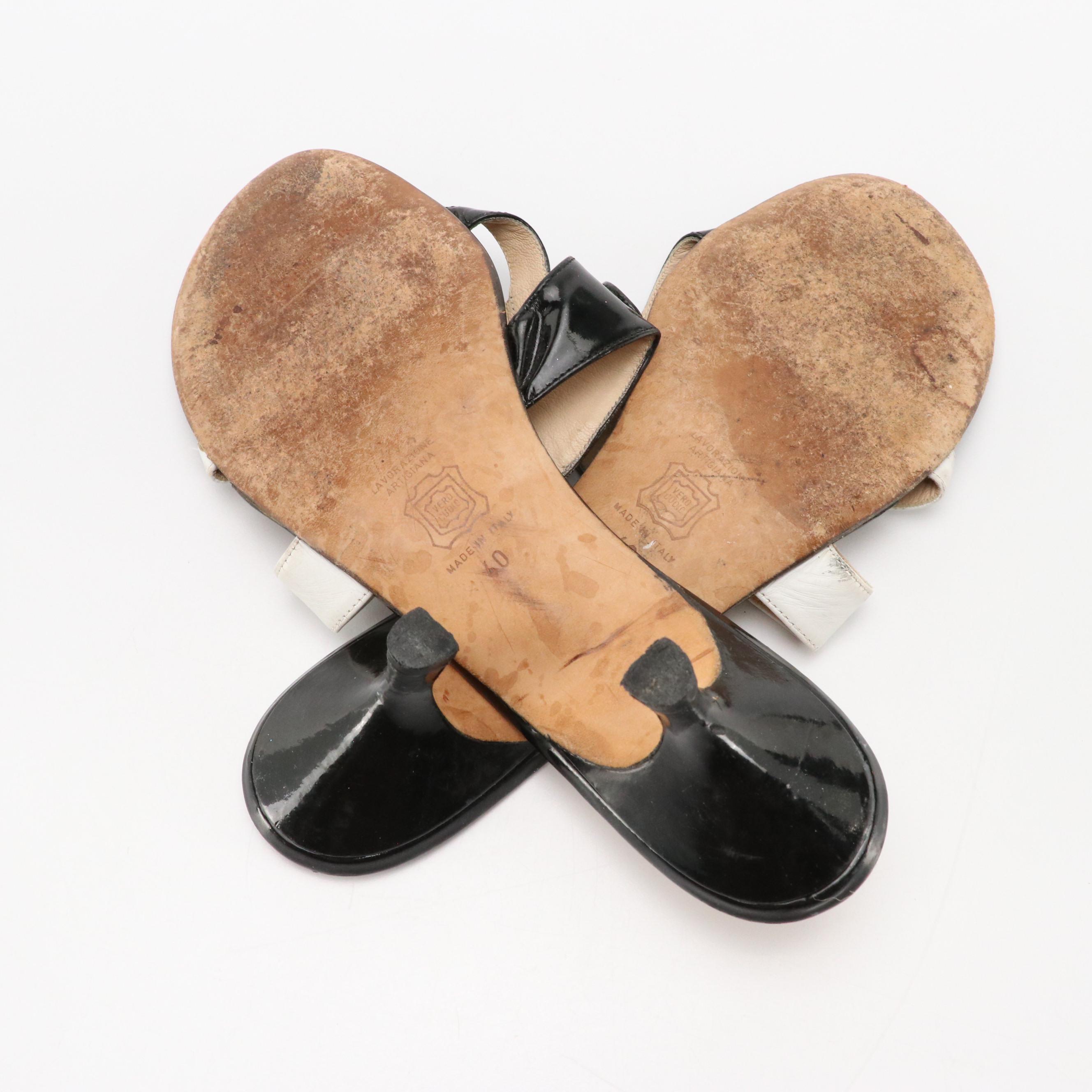 Manolo Blahnik Kitten Heel Mules in Black Patent and White Leather