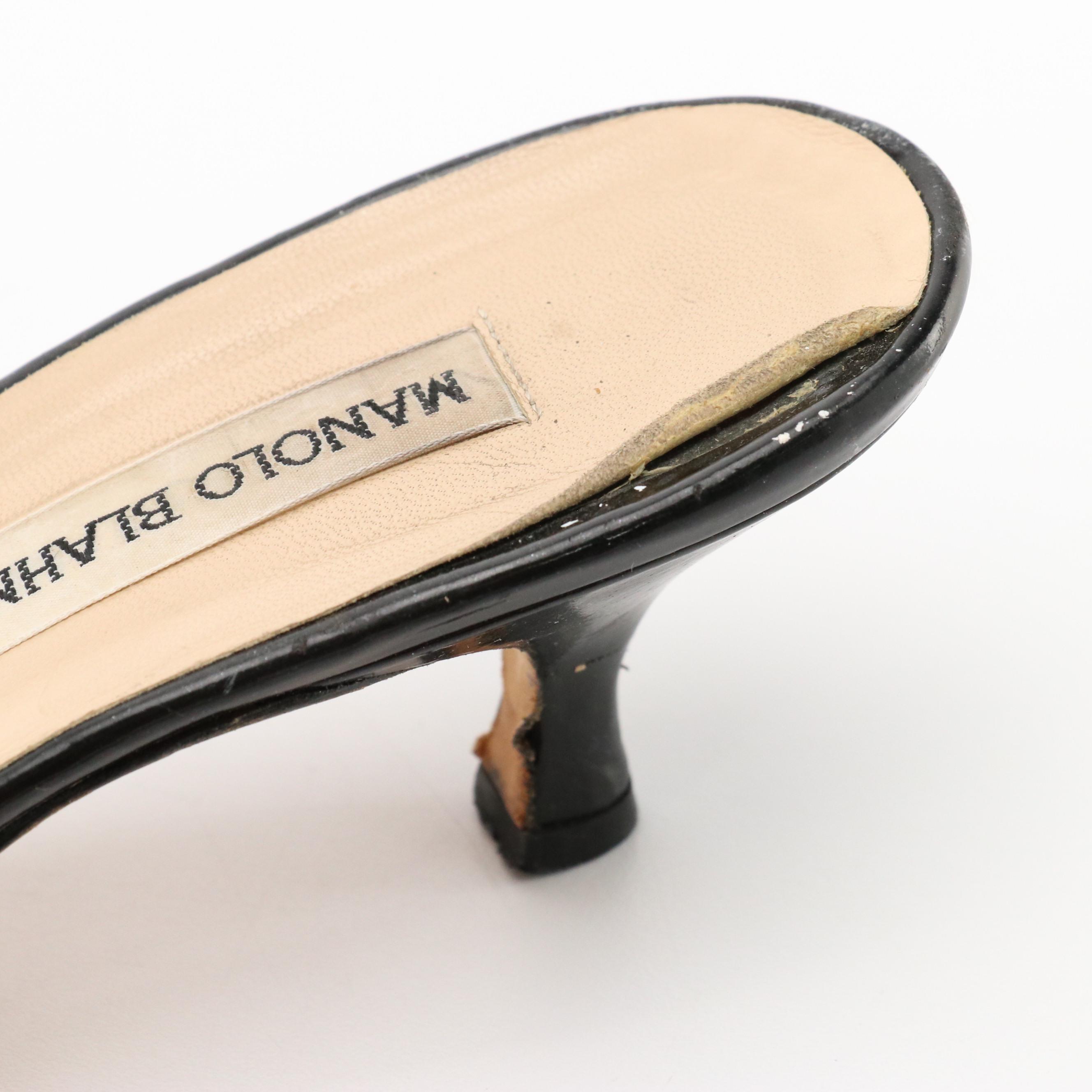 Manolo Blahnik Kitten Heel Mules in Black Patent and White Leather