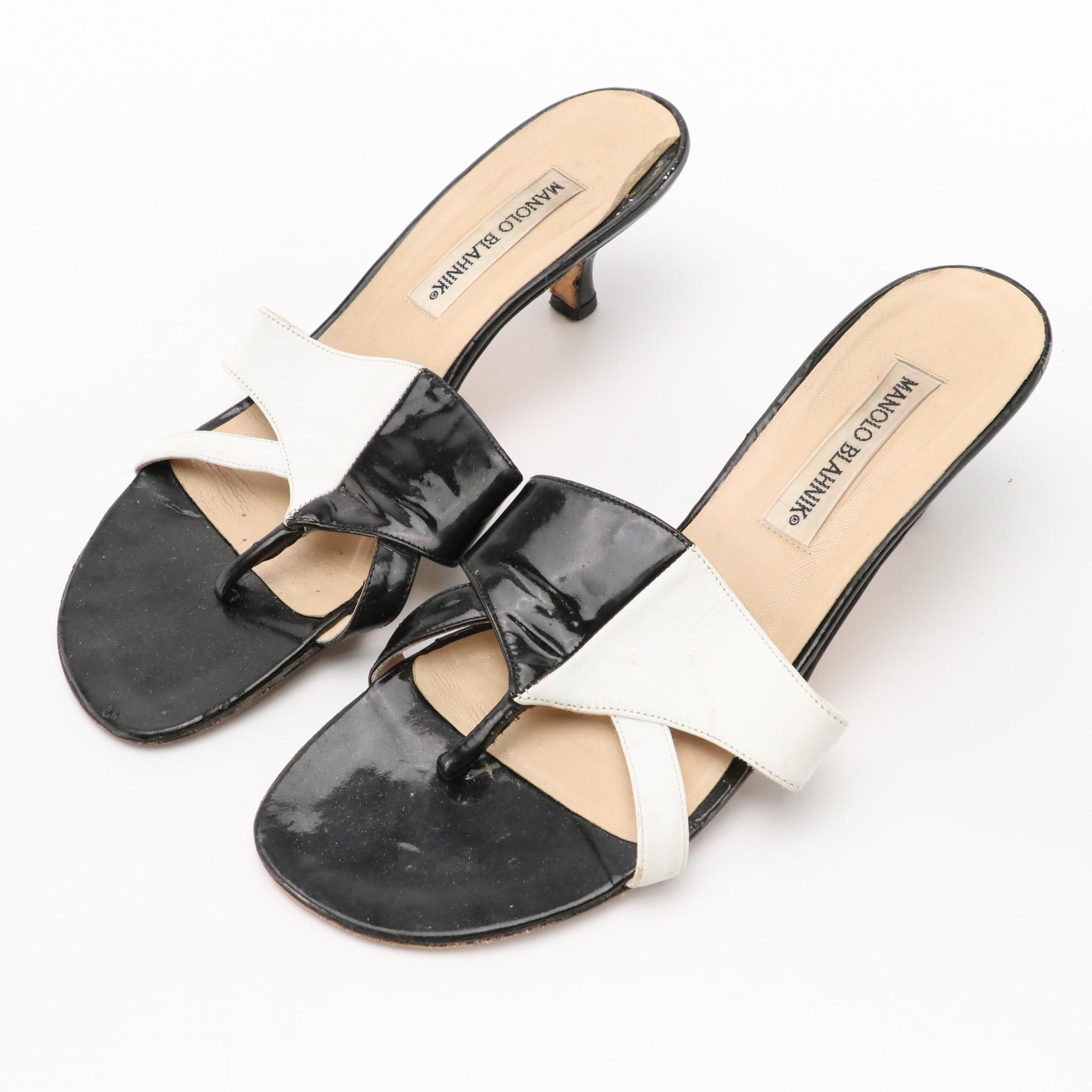 Manolo Blahnik Kitten Heel Mules in Black Patent and White Leather