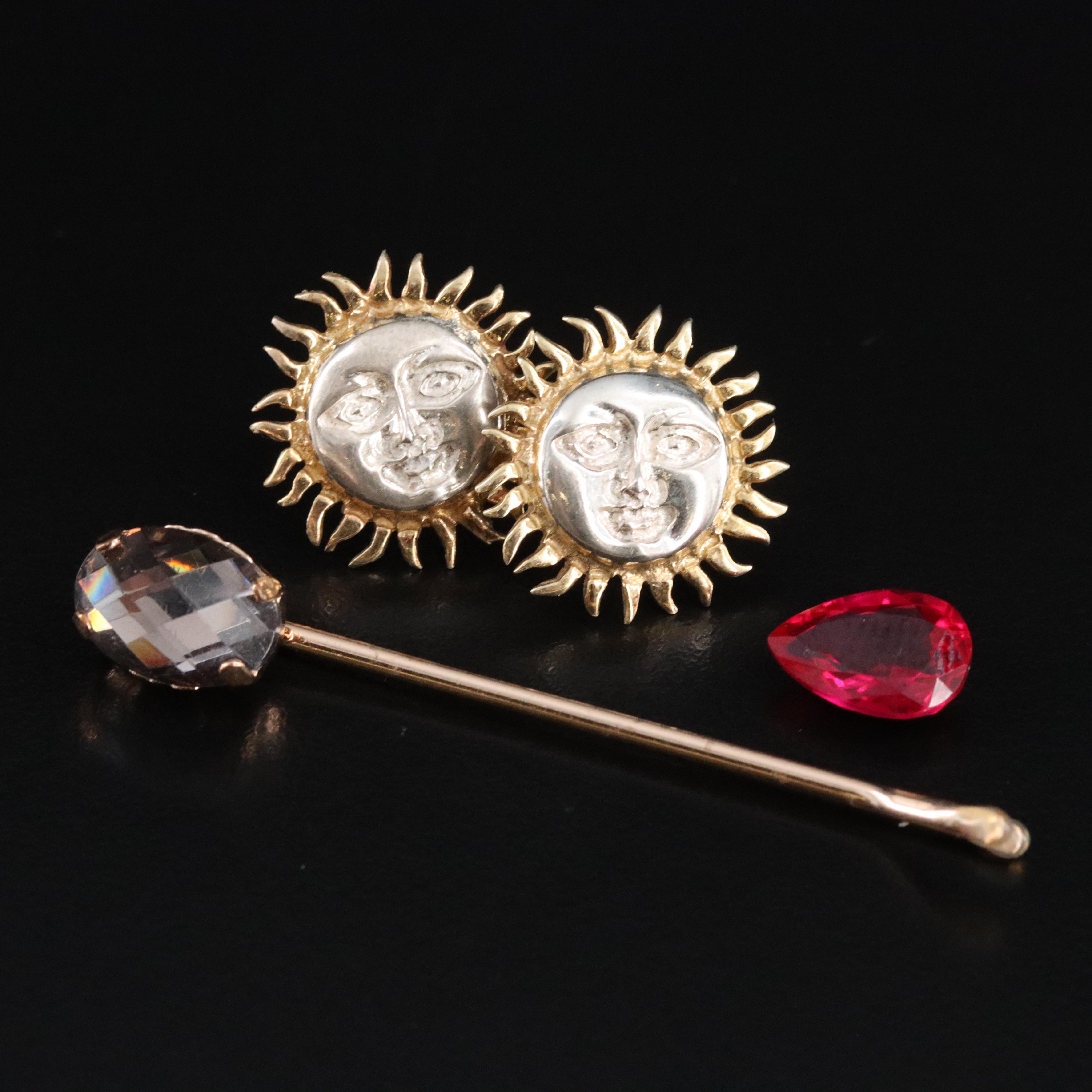 Sterling Sun Earrings, Barrette and Loose Red Glass