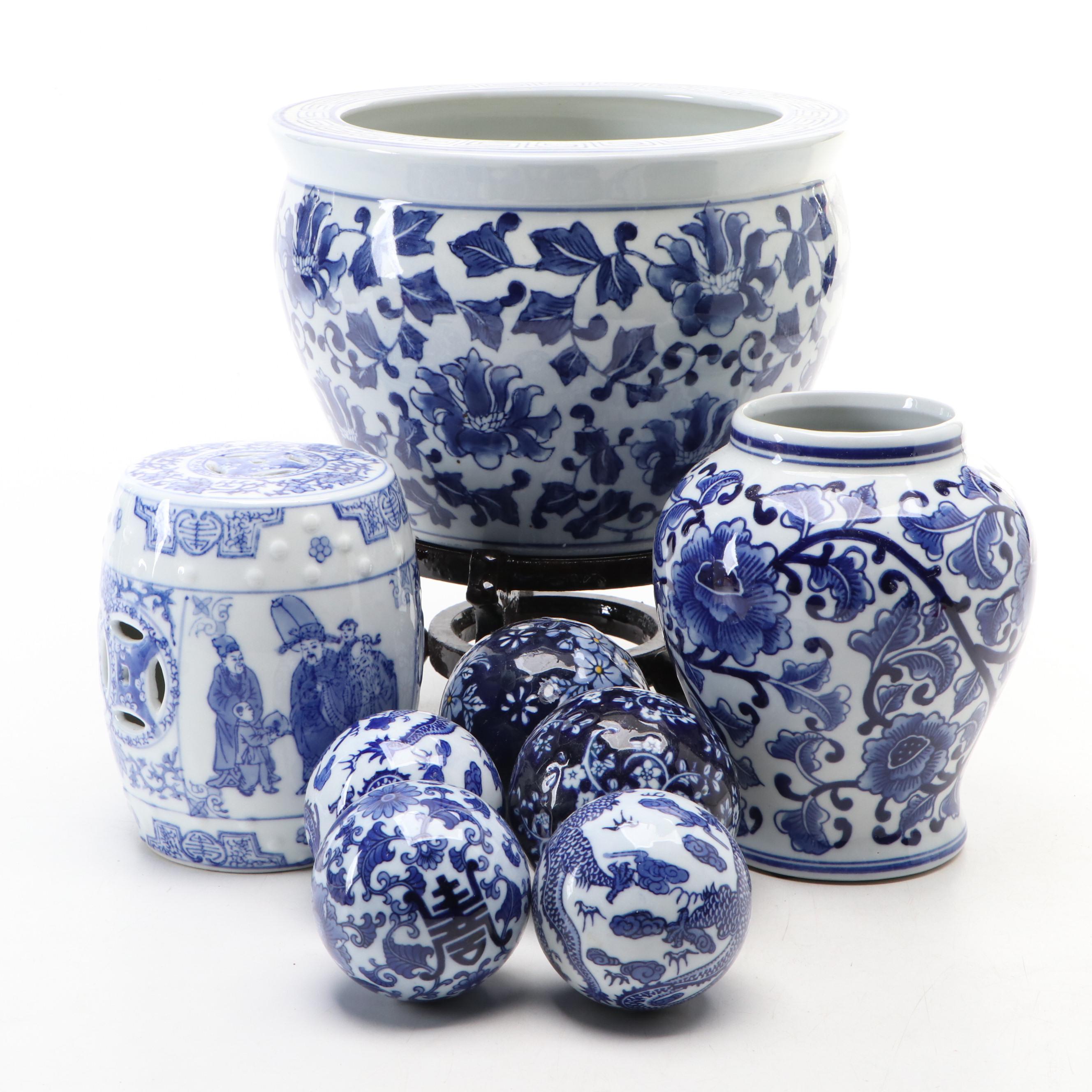 Porcelain Blue and White Fishbowl Planted, Vase, Seat and Carpet Balls