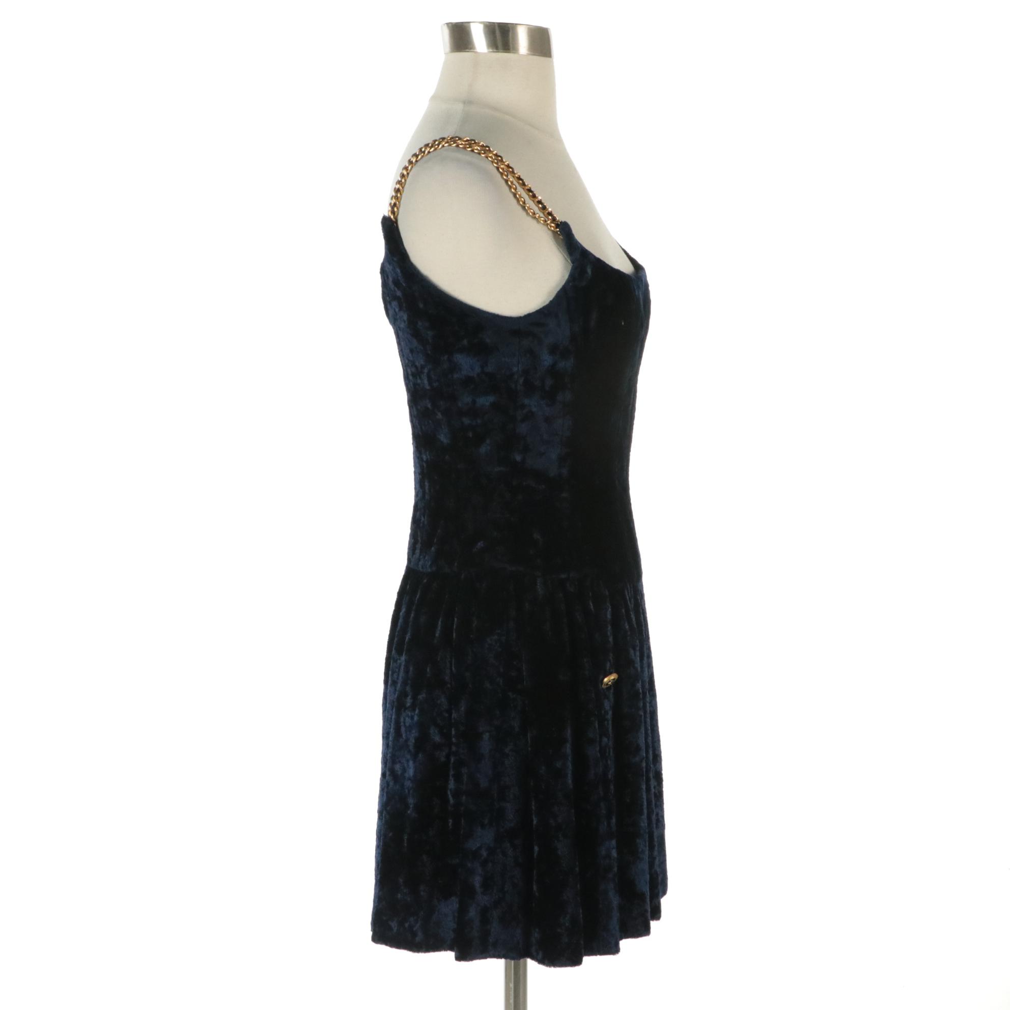 Chanel Blue Crushed Velvet Corset Mini Dress with Woven Chain Straps, 1990s