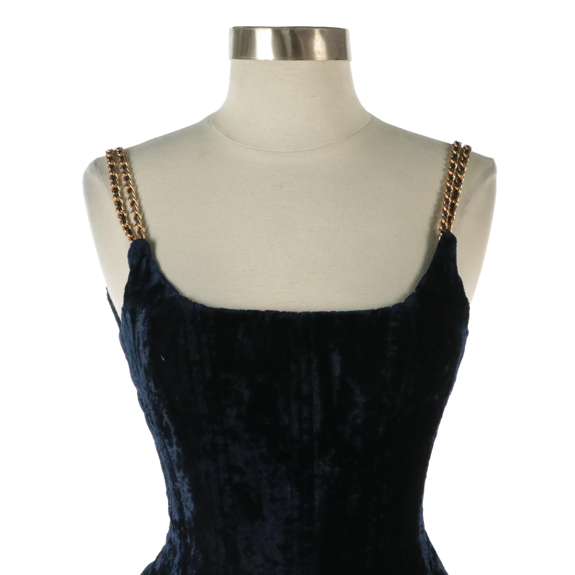 Chanel Blue Crushed Velvet Corset Mini Dress with Woven Chain Straps, 1990s