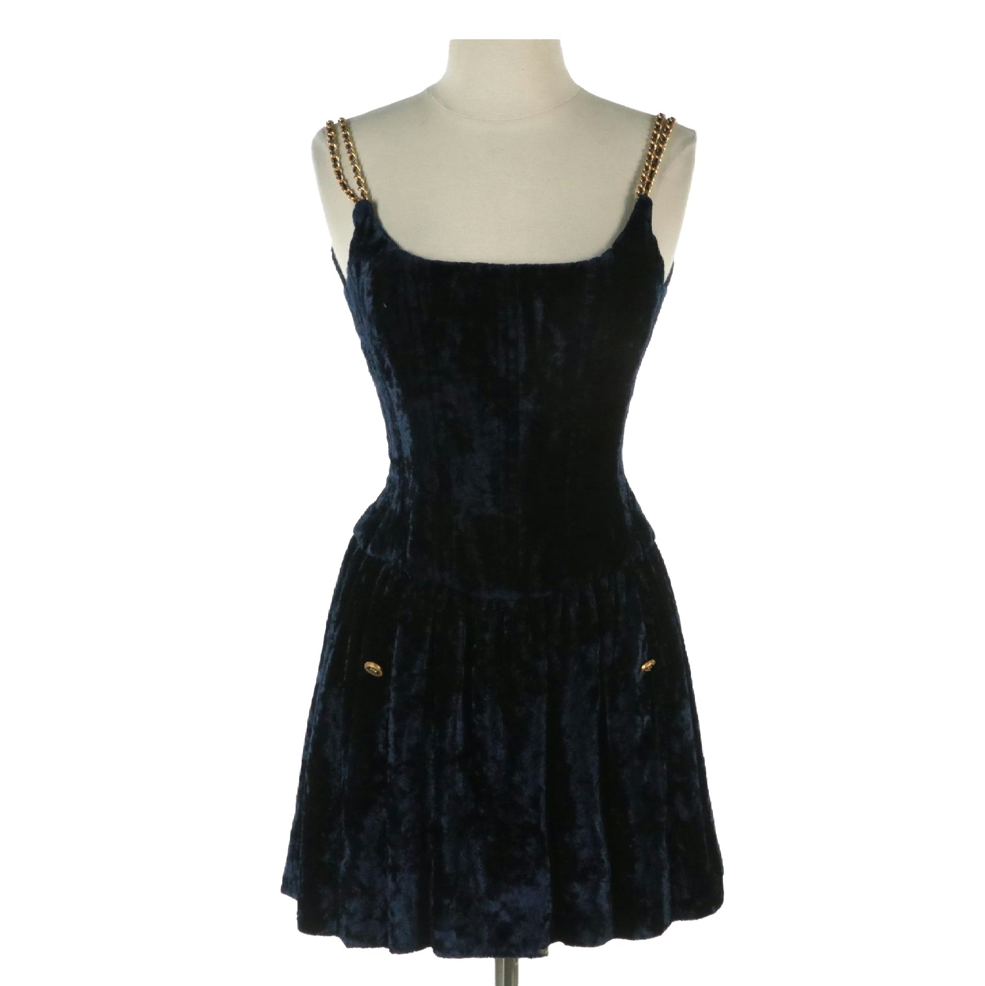 Chanel Blue Crushed Velvet Corset Mini Dress with Woven Chain Straps, 1990s