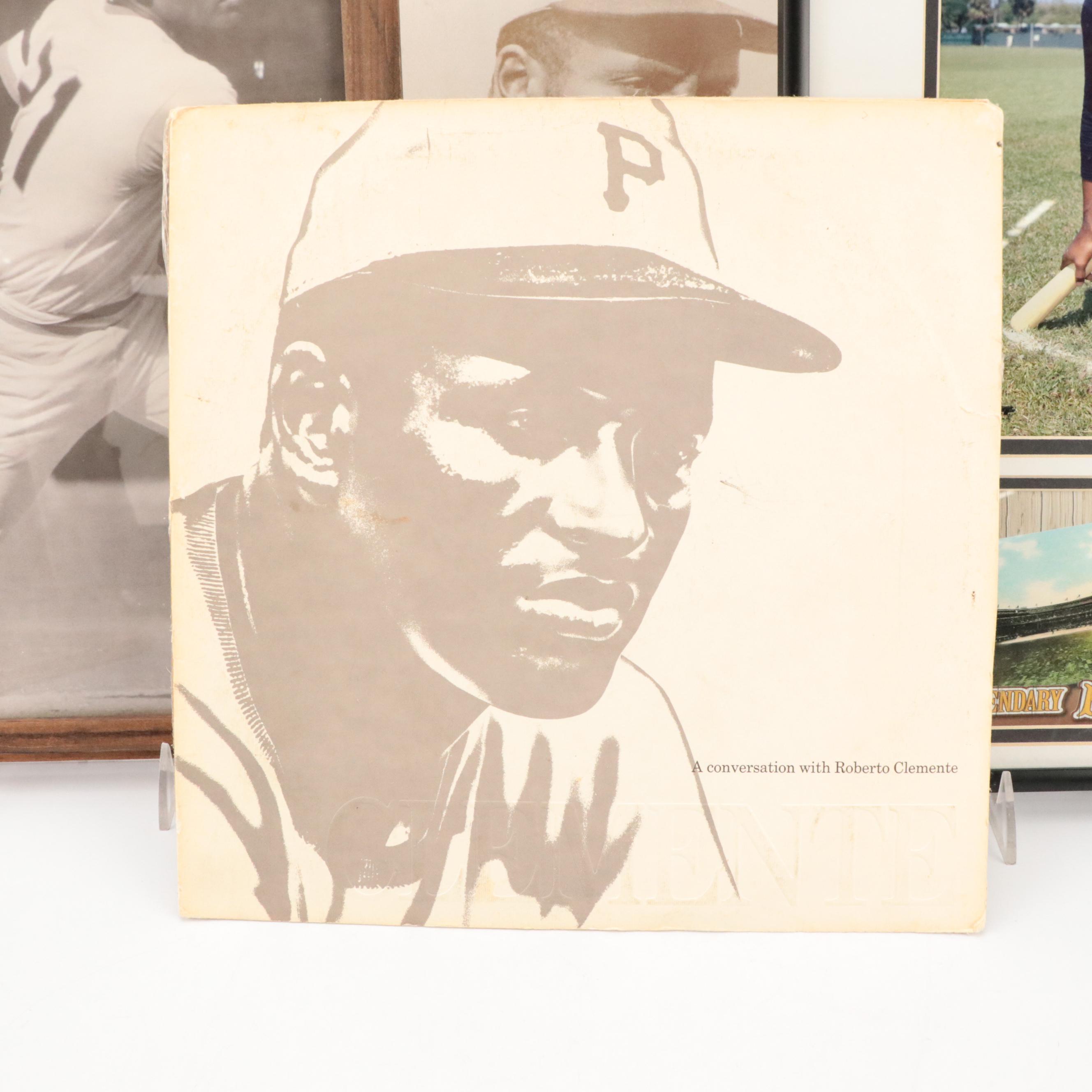 Roberto Clemente Framed Baseball Prints, Vinyl Records, and Roto Newspaper