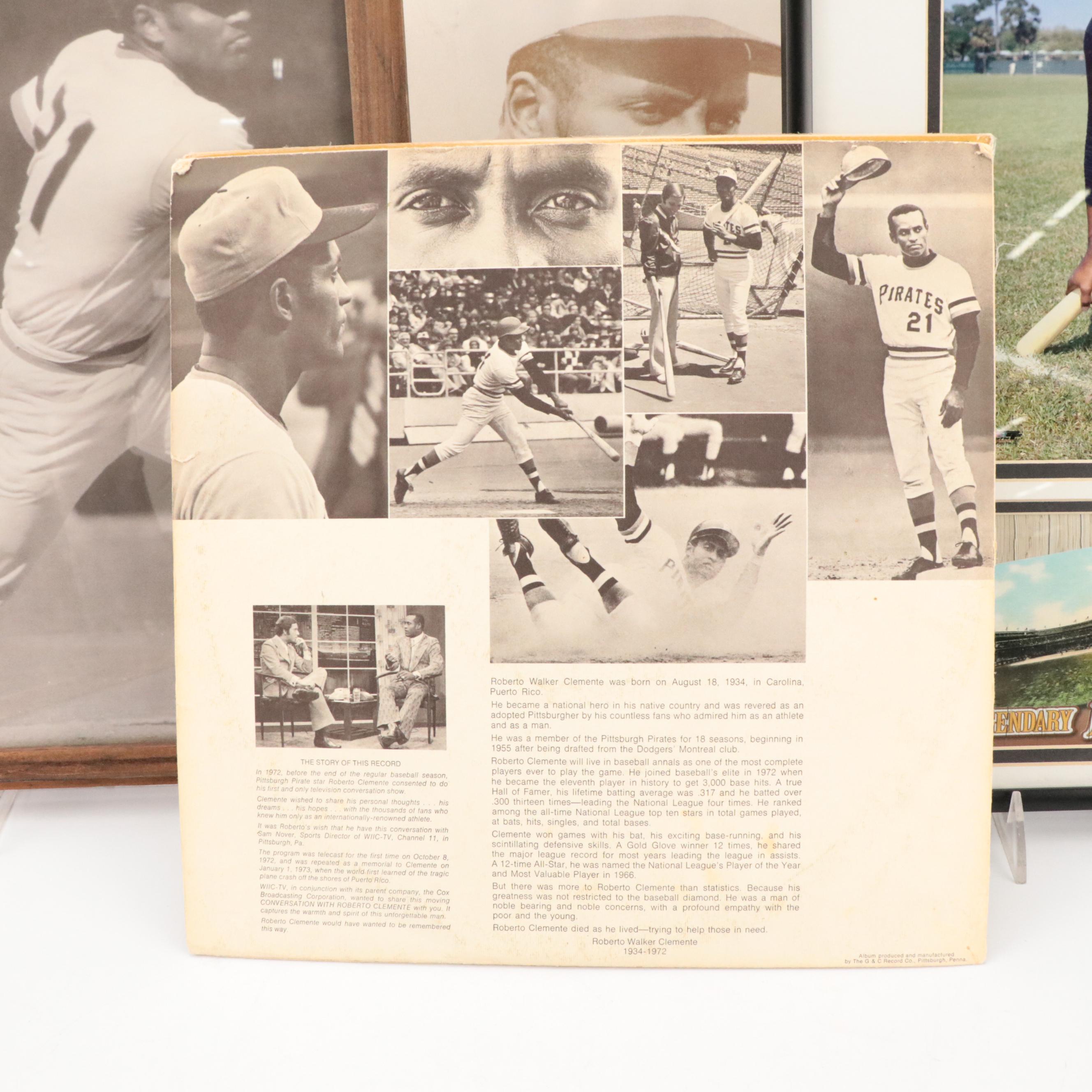 Roberto Clemente Framed Baseball Prints, Vinyl Records, and Roto Newspaper