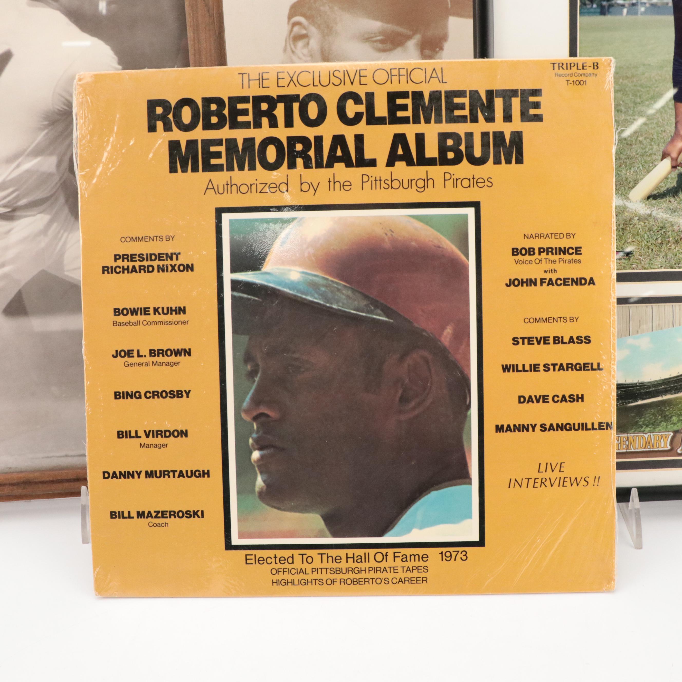 Roberto Clemente Framed Baseball Prints, Vinyl Records, and Roto Newspaper