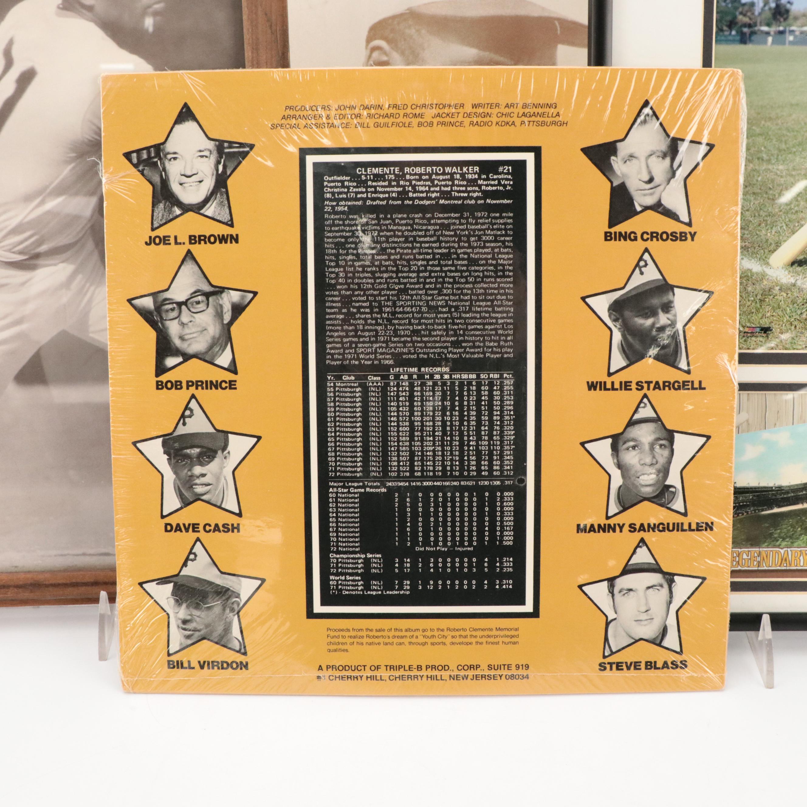 Roberto Clemente Framed Baseball Prints, Vinyl Records, and Roto Newspaper