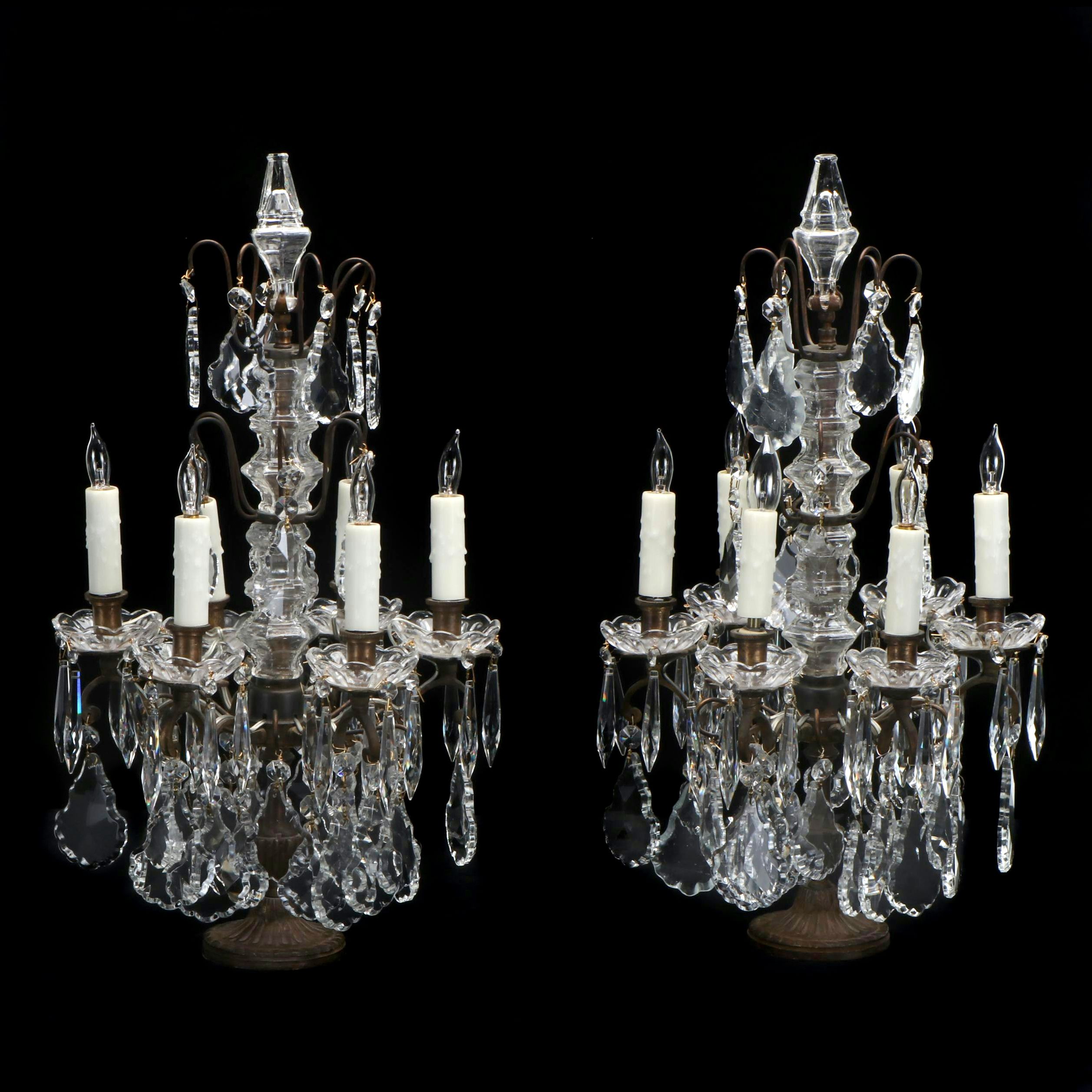 Pair of Antique Six-Arm Crystal Candelabra, Adapted Late 20th Century