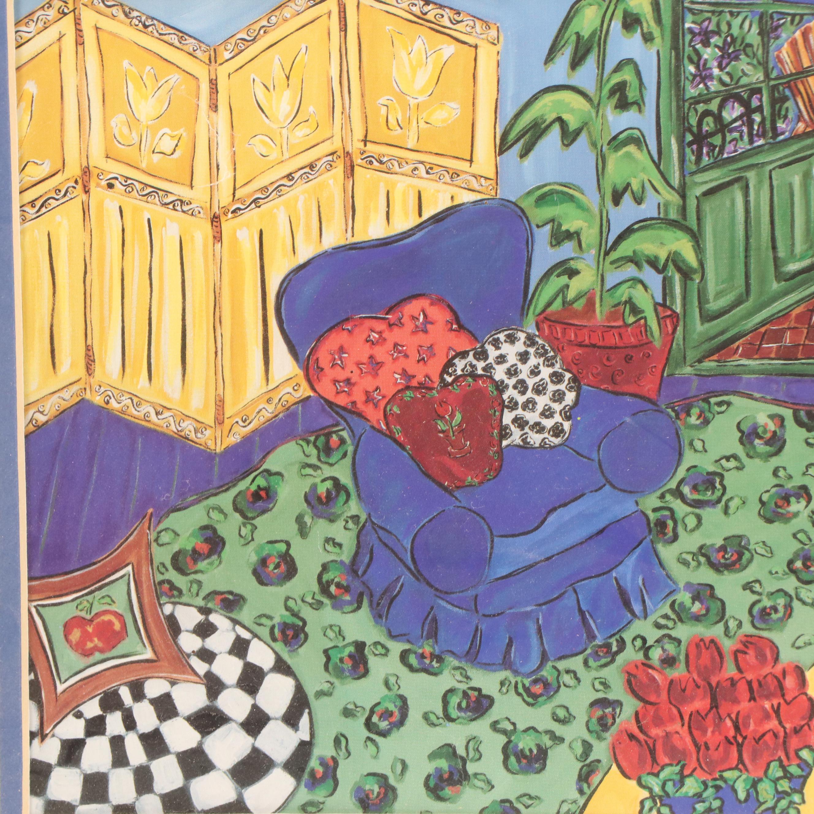 Offset Lithograph of Stylized Interior Scene, 21st Century