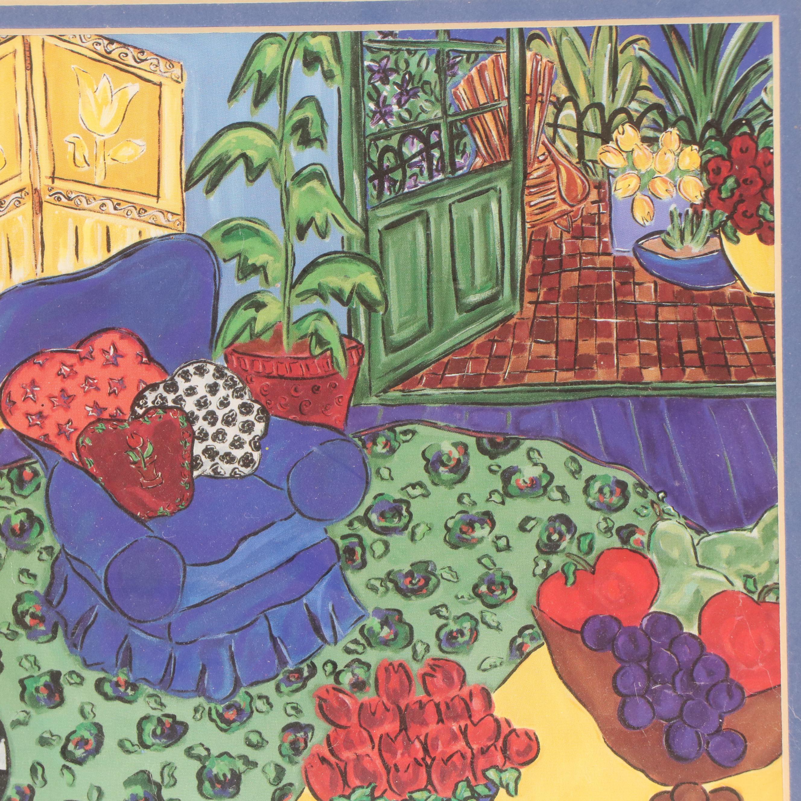 Offset Lithograph of Stylized Interior Scene, 21st Century